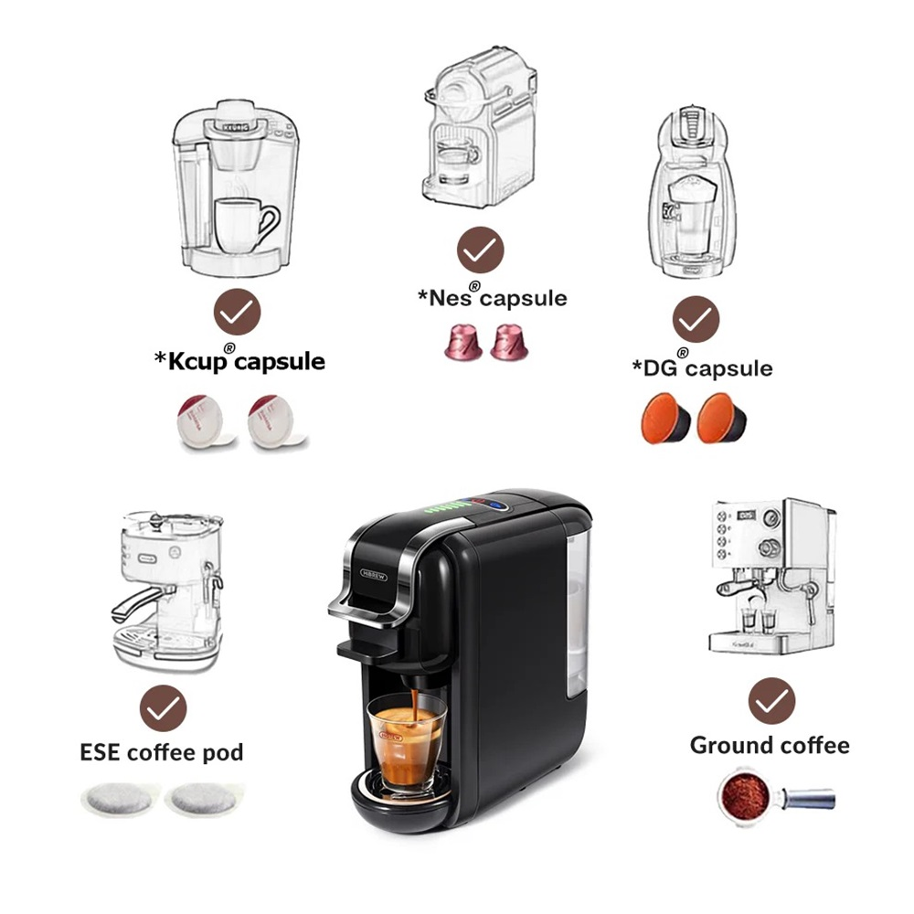Kaffeemaschine mit verschiedenen Kapseloptionen und einer Tasse Kaffee wird gefüllt.