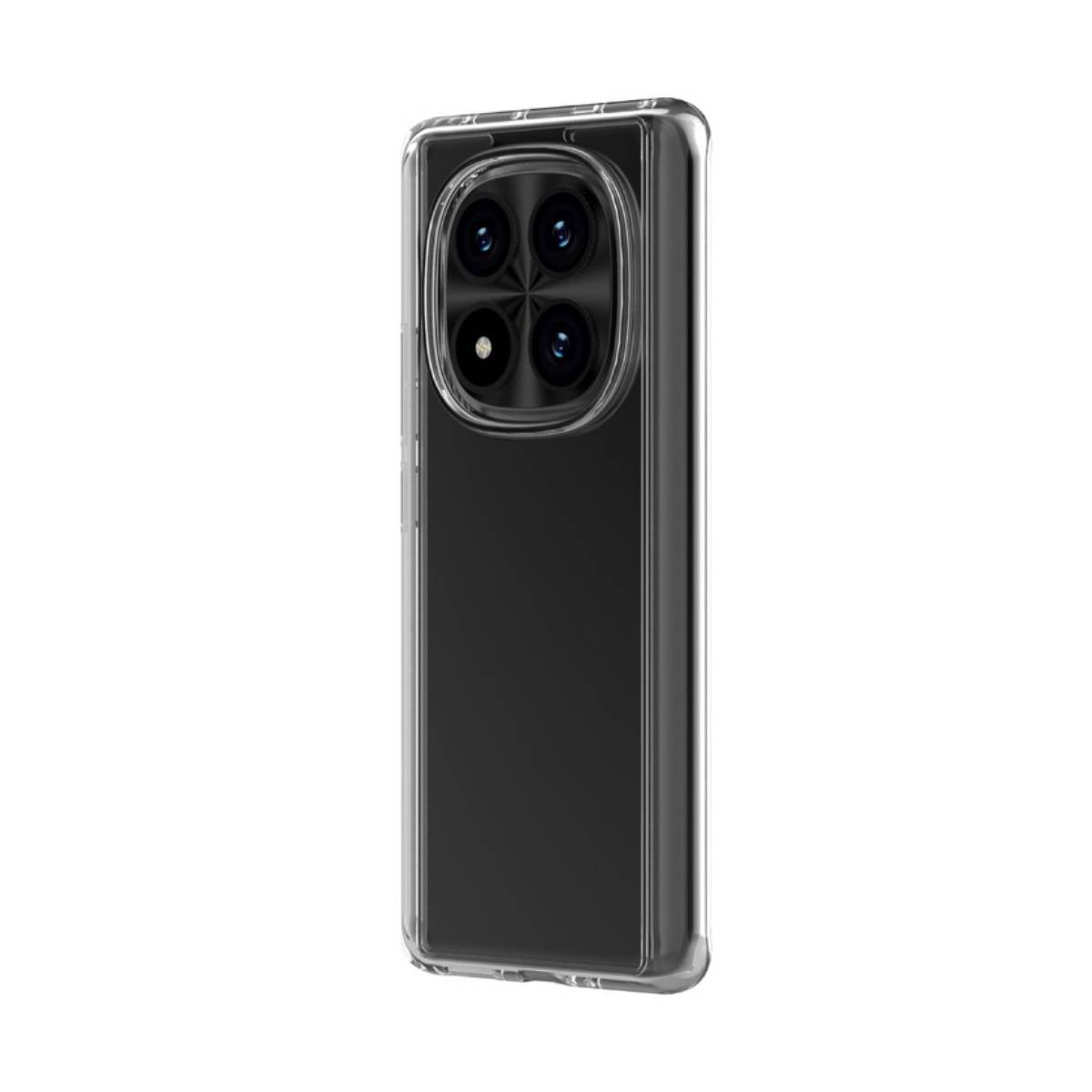Smartphone in una custodia trasparente, con quattro lenti della fotocamera visibili.