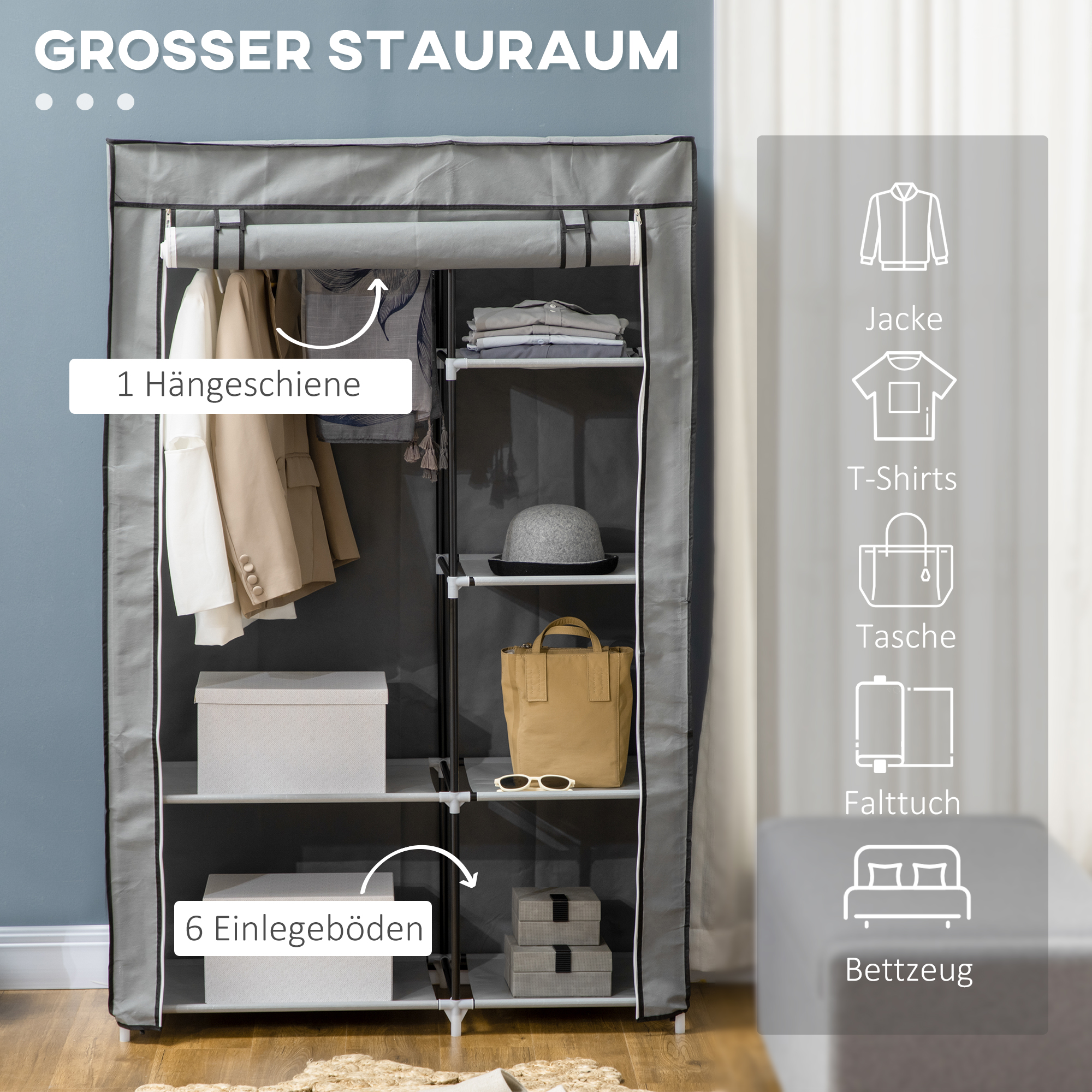 Kleiderschrank mit Kleidung. Text: Großer Stauraum. Der Hintergrund ist blau und grau.