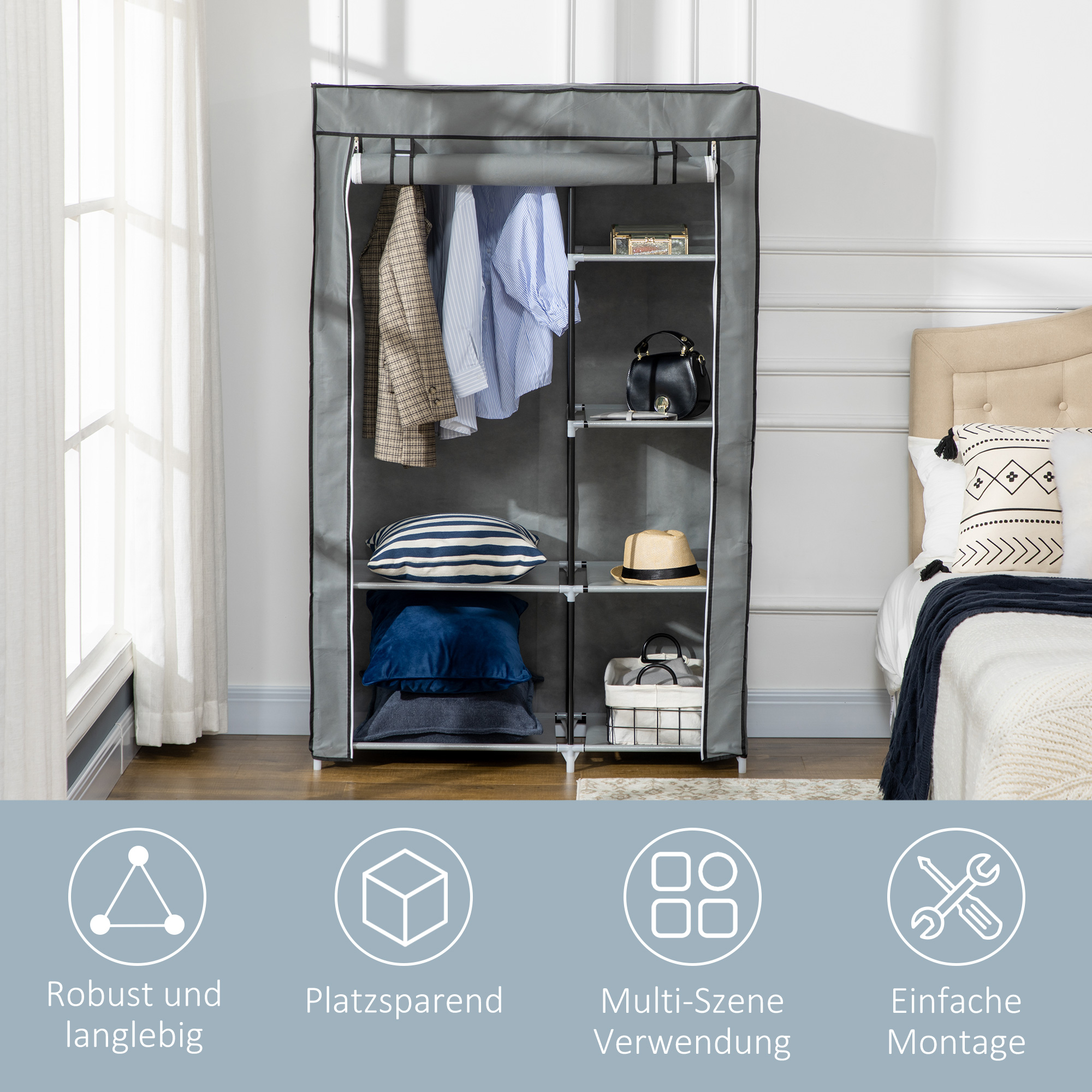 Ein grauer Kleiderschrank mit Regalen, Kleidung und einem Bett im Hintergrund. Symbole unten.