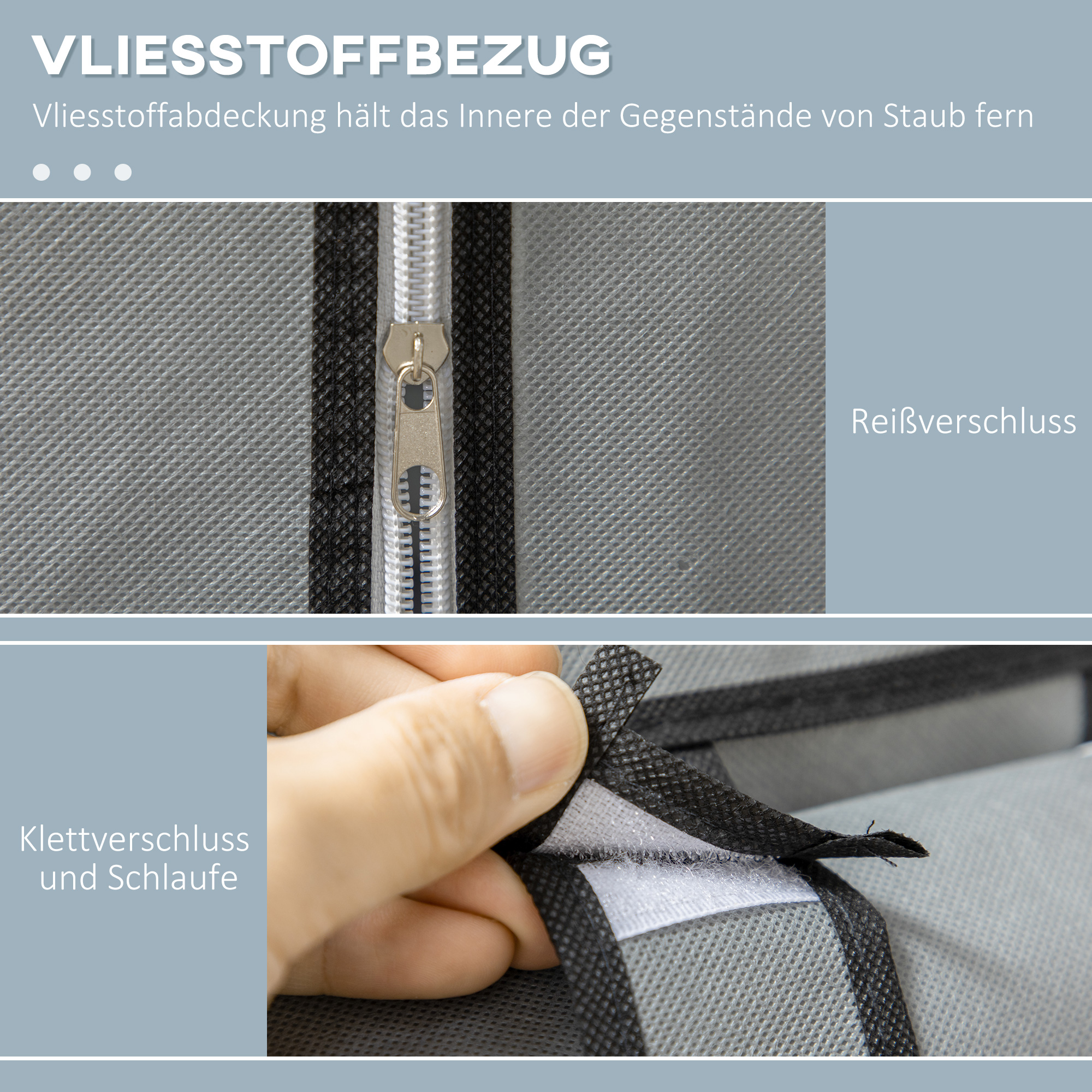 Nahaufnahme von grauem Stoff mit Reißverschluss und Klettverschluss. Oben: Reißverschluss. Unten: Klettverschluss.