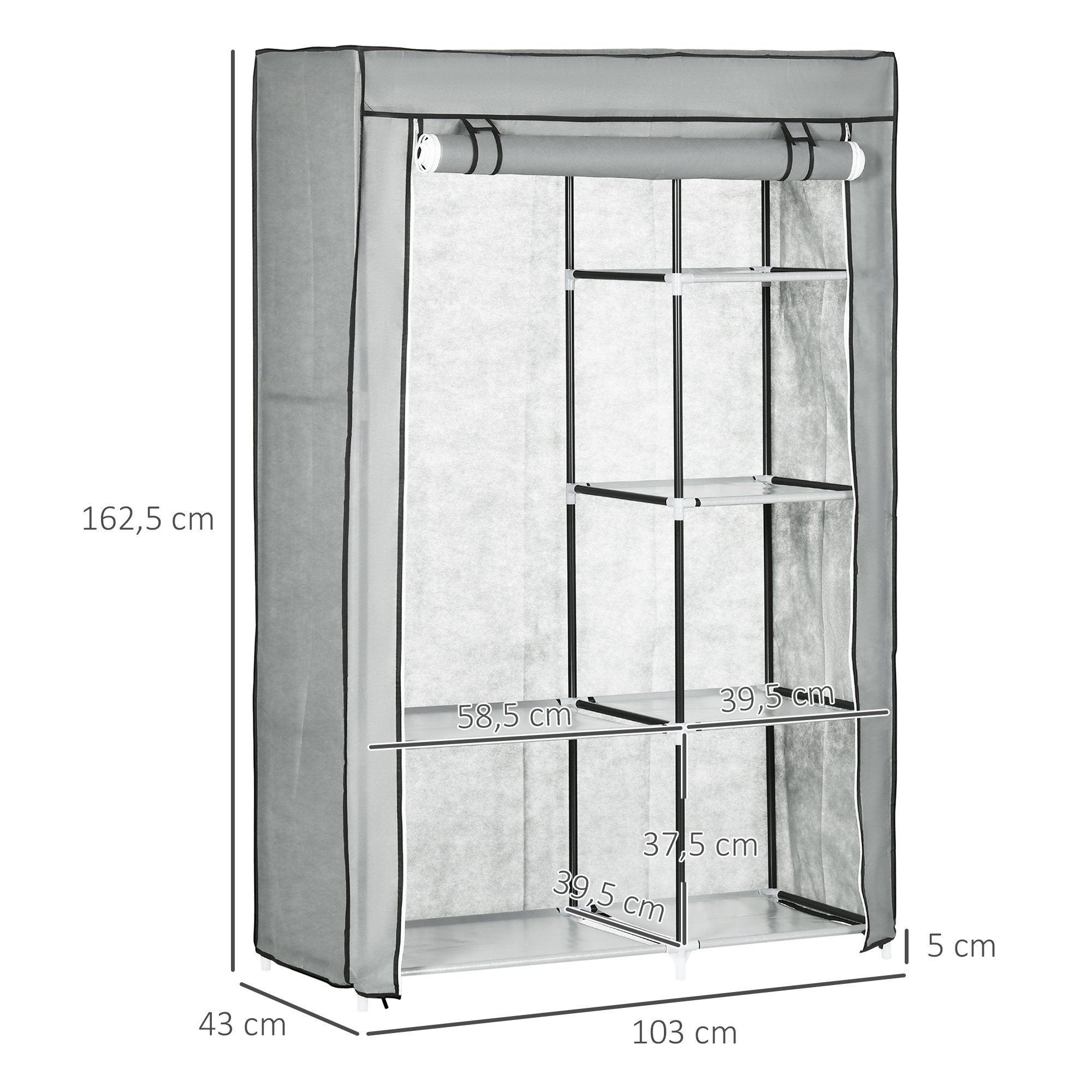 Ein grauer Stoffschrank mit Maßen. Offene Front, Regale sichtbar.