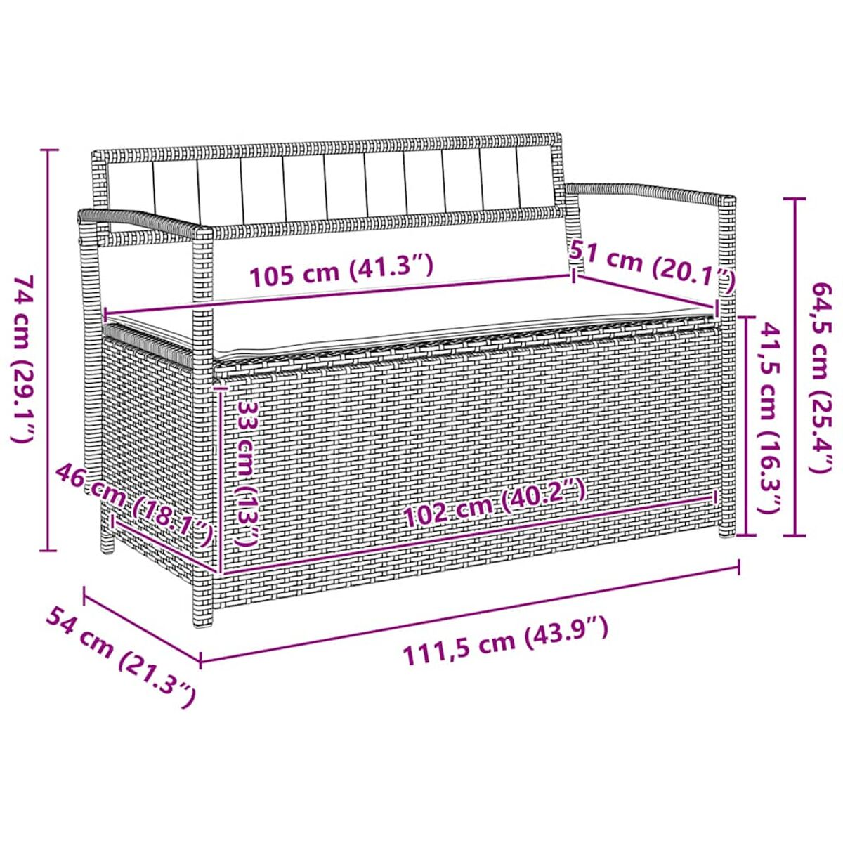 Una panca in rattan marrone, con dimensioni etichettate. Dimensioni: 111,5 cm x 64,5 cm x 74 cm.