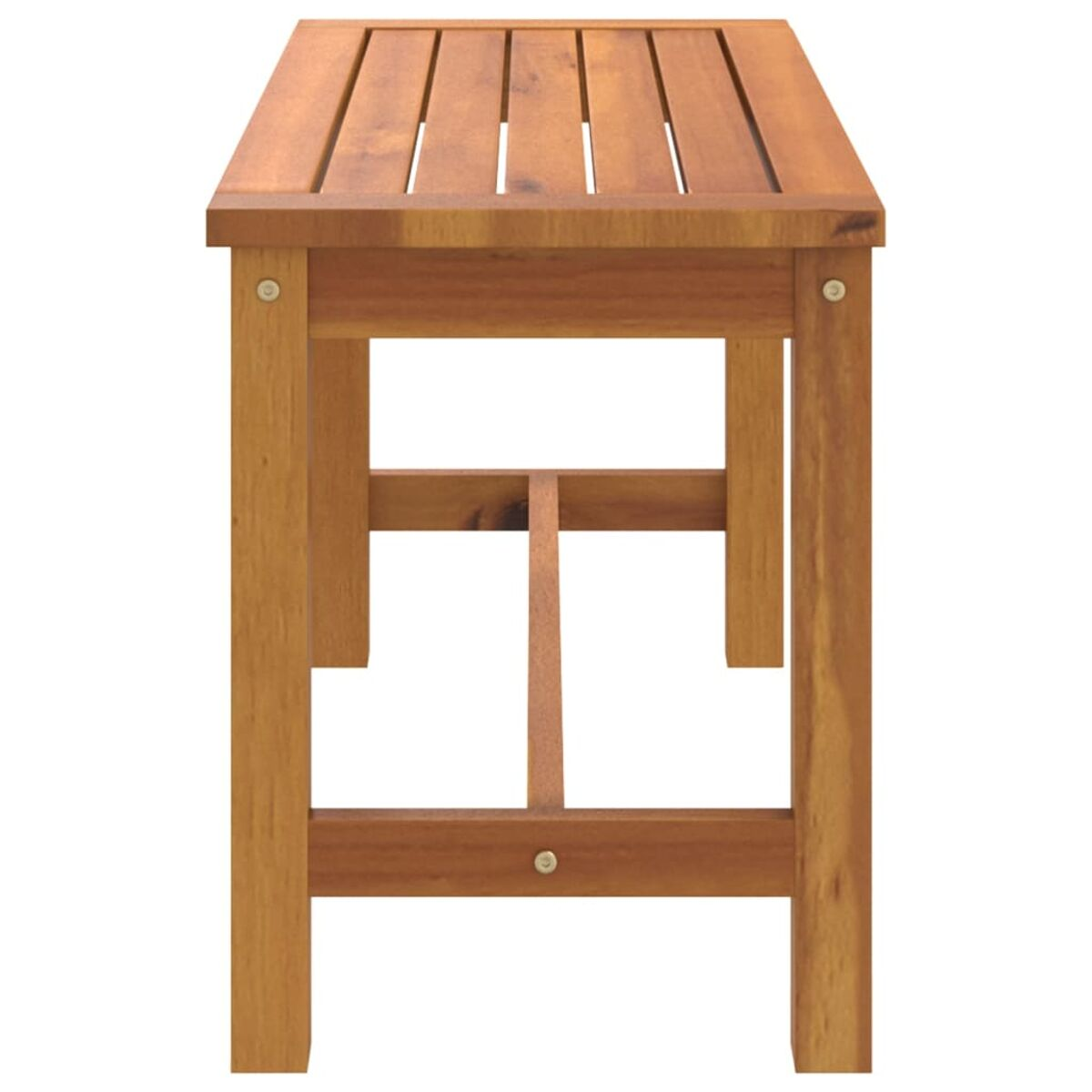 Panca da giardino in legno con doghe superiori e un telaio robusto.