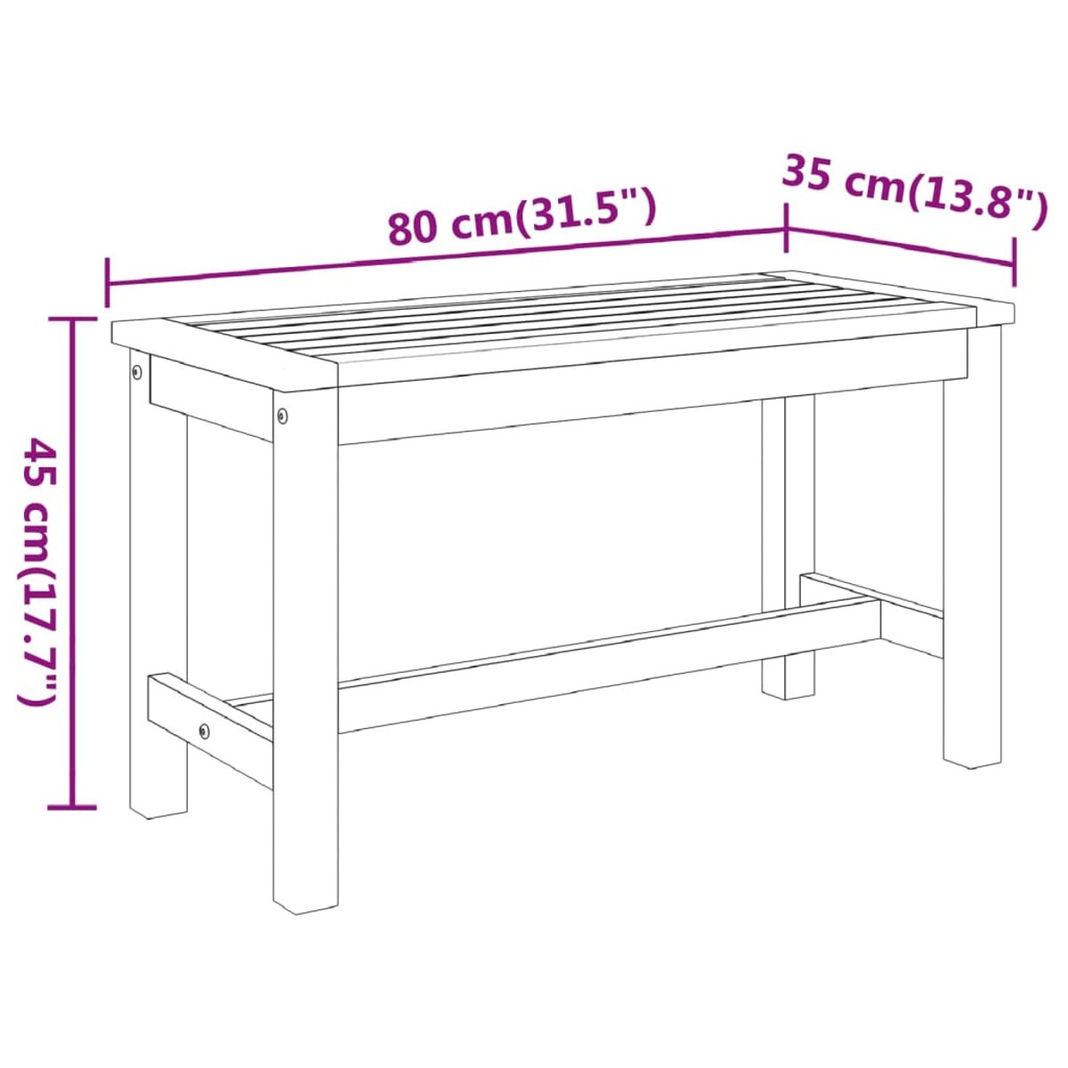 Panca in legno con dimensioni: 80x35x45 cm. Doghe in legno, gambe robuste.