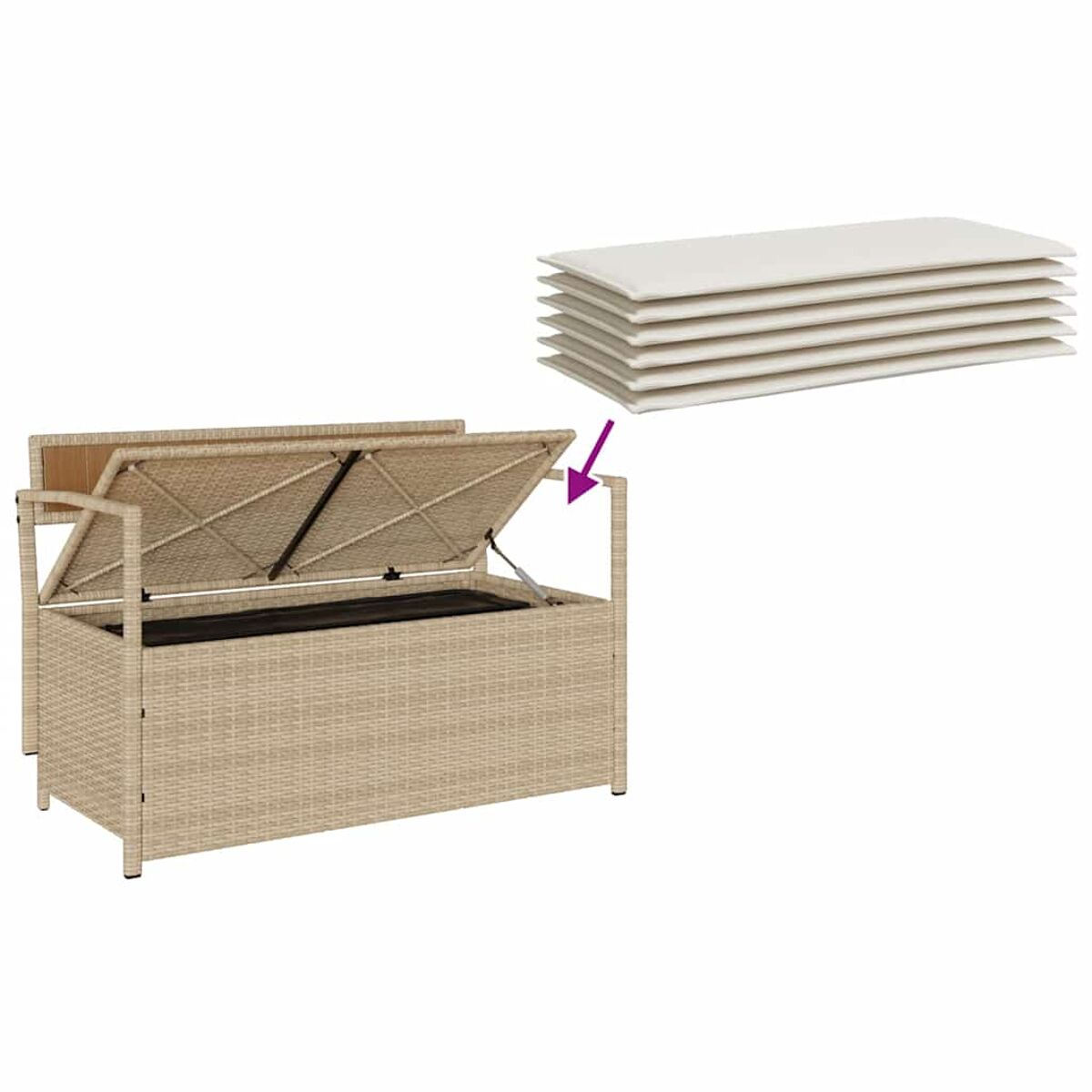 Un baule contenitore in vimini beige con il coperchio aperto e cuscini bianchi.