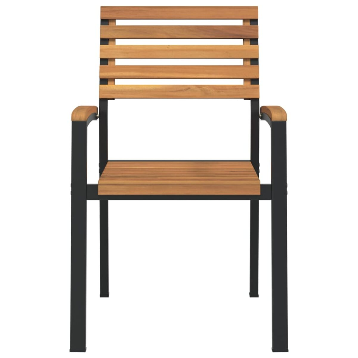 Silla de exterior de madera, estructura de metal negro, sobre fondo blanco.