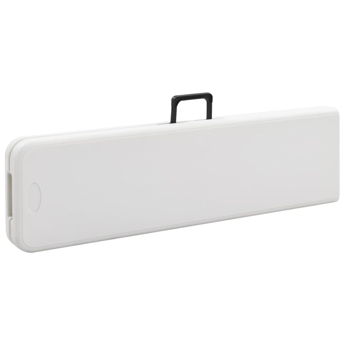 Tavolo pieghevole bianco con manico nero. Sfondo bianco.