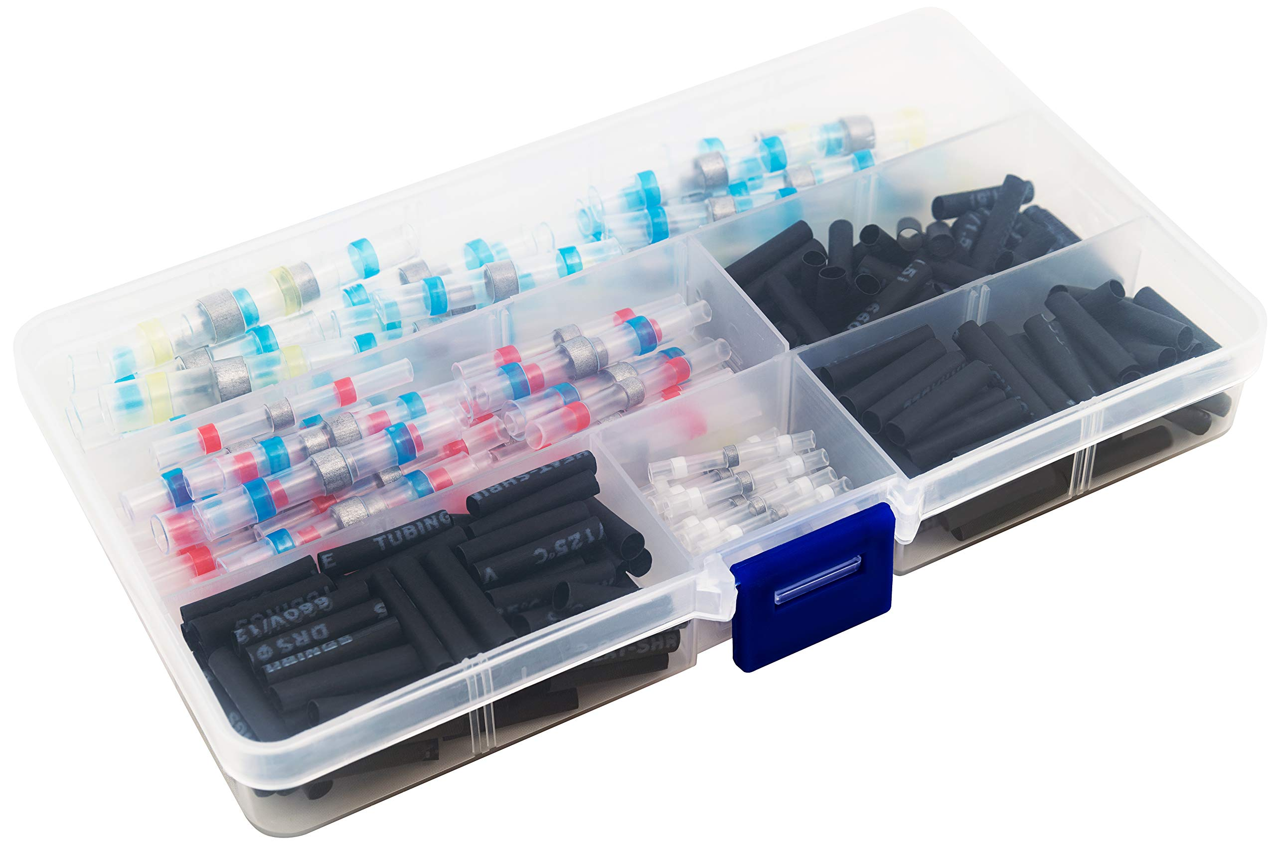 Transparente Kunststoff-Organizer-Box mit Fächern. Vielzahl kleiner Komponenten. Weißer Hintergrund.