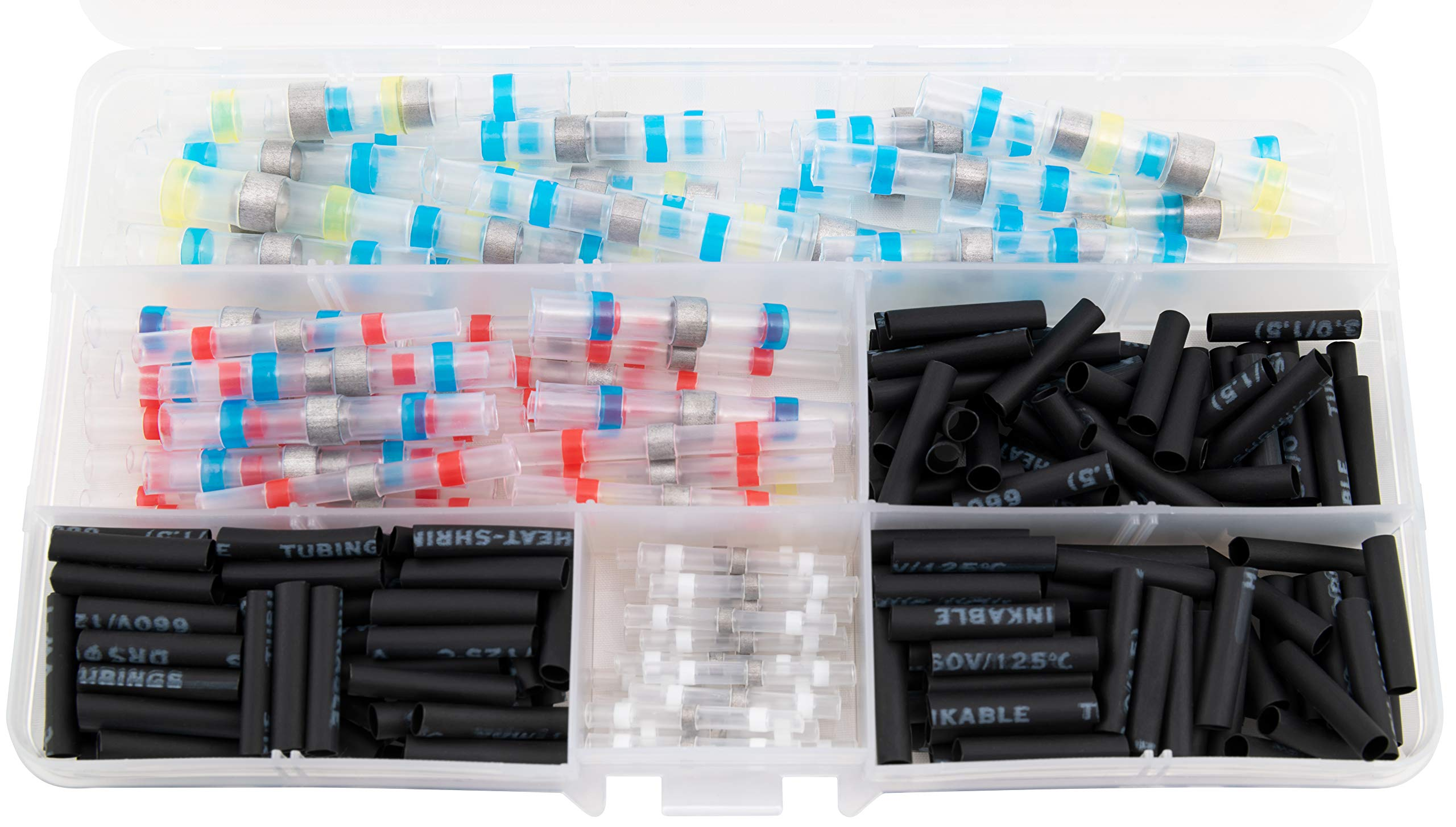 Eine transparente Plastikbox enthält Reihen von Löt-Wärmeschrumpf-Verbindern in Blau, Silber und Schwarz.