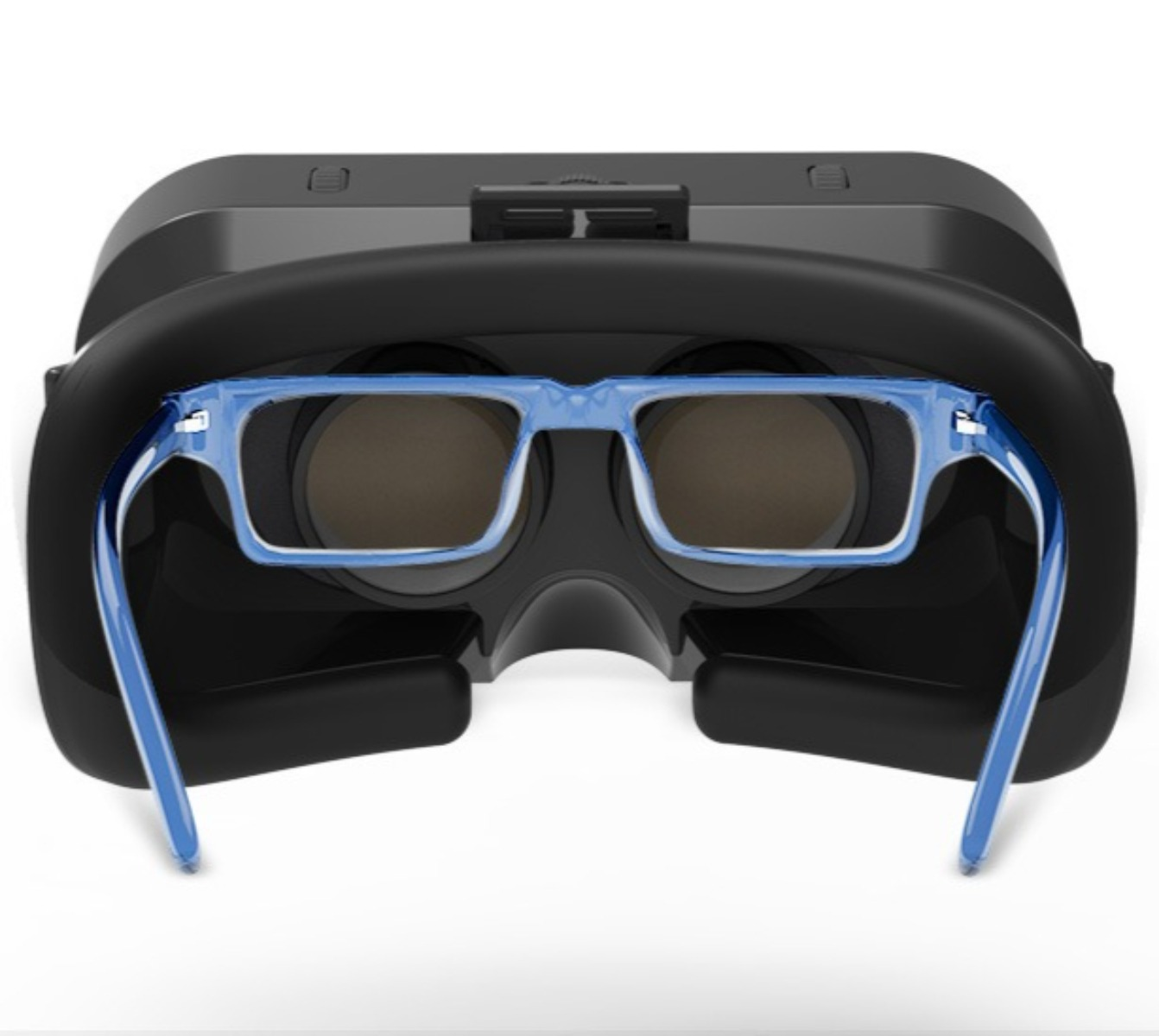 VR-Headset mit blauer Brille. Die Brille ist im Headset sichtbar.
