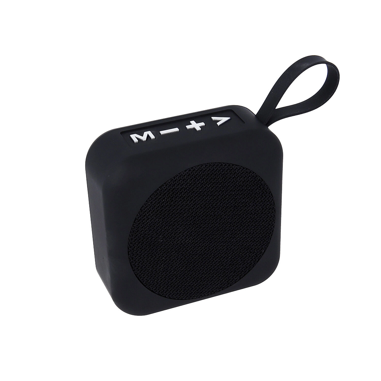 Czarny głośnik kwadratowy z przyciskami i uchwytem. Białe tło.