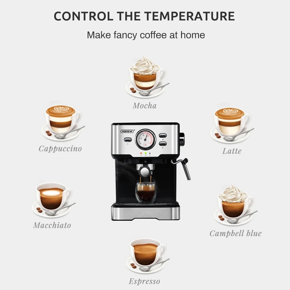 Cafetera con tazas de café: Moca, Capuchino, Latte, Macchiato, Espresso y Campbell blue.