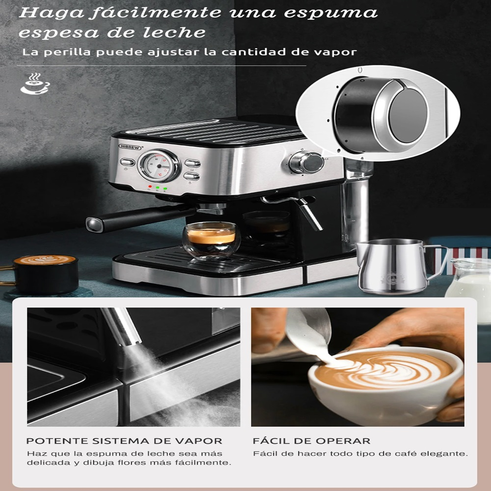 Máquina de espresso con café haciéndose, jarra de leche. Fondo blanco.