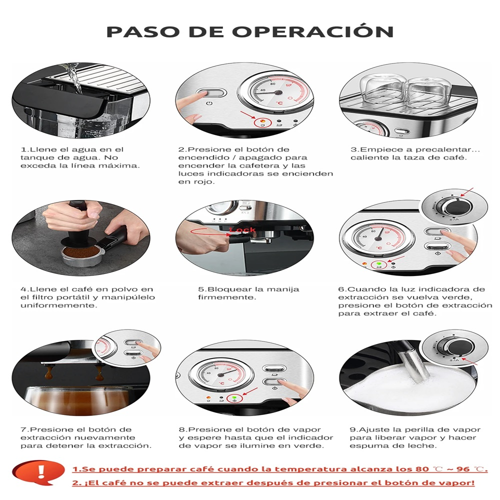 Instrucciones de una cafetera, mostrando pasos con texto e imágenes.