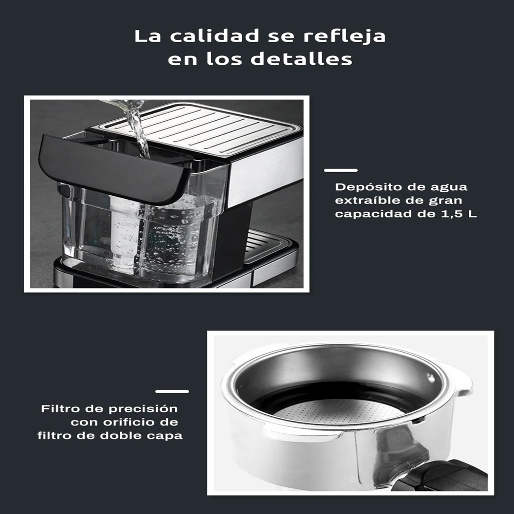 Dos imágenes de una cafetera y sus partes. El texto en español describe características y aspectos destacados.