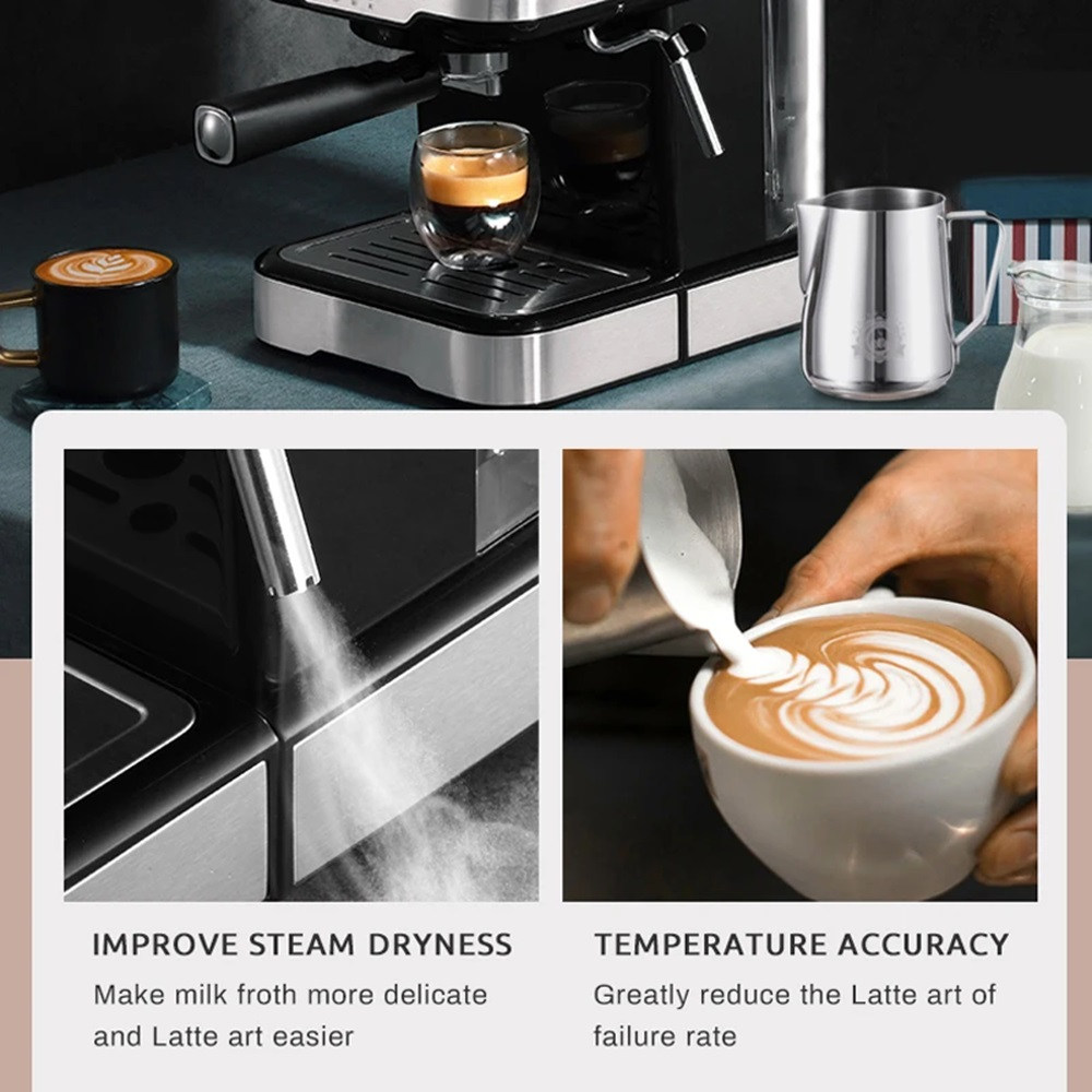 Una máquina de café con vapor y una taza de arte latte, se muestran las instrucciones para espumar leche.