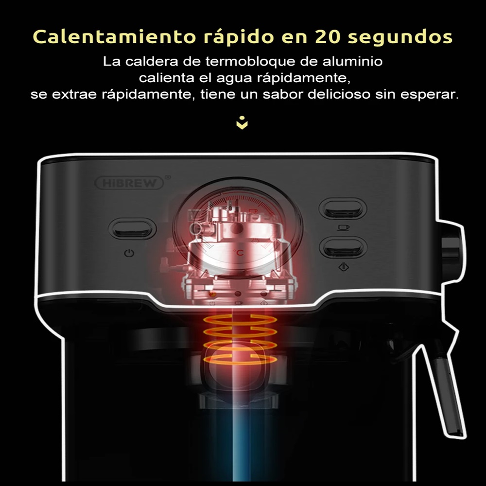Cafetera negra con texto que indica calentamiento rápido y café delicioso.