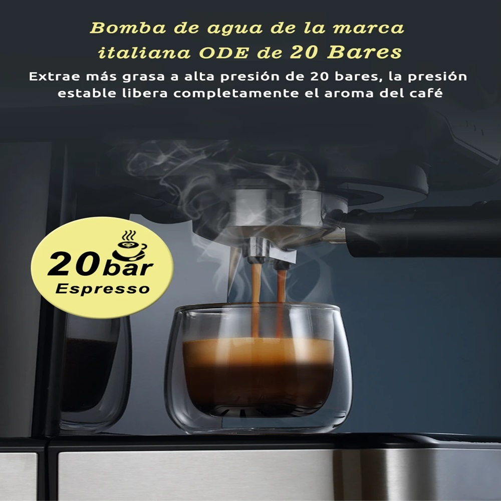 Máquina de espresso sirviendo café en un vaso, con texto en español.