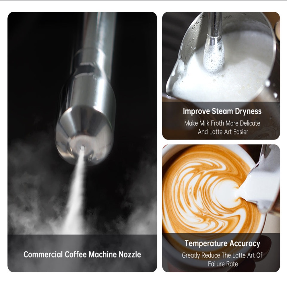 Primeros planos de la boquilla de una cafetera y latte art. Se muestran texturas de vapor y leche.