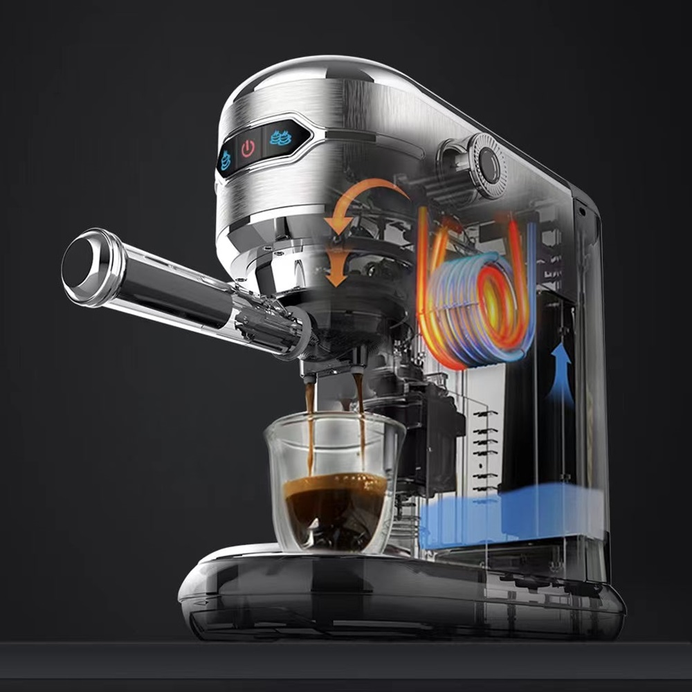 Una máquina de espresso con una vista recortada, que muestra los componentes internos y el flujo de café.