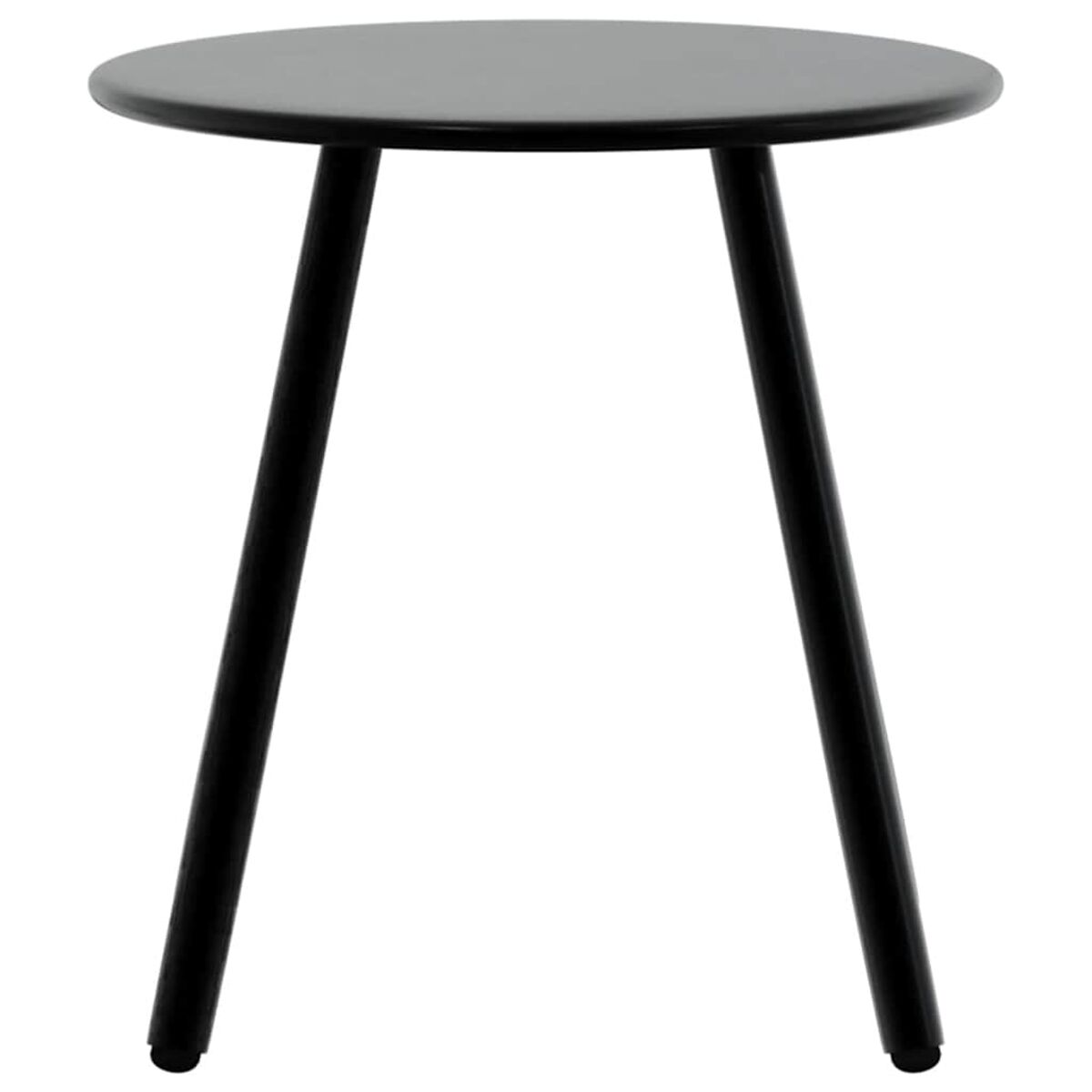 Tavolo rotondo nero con tre gambe nere. Sfondo bianco.