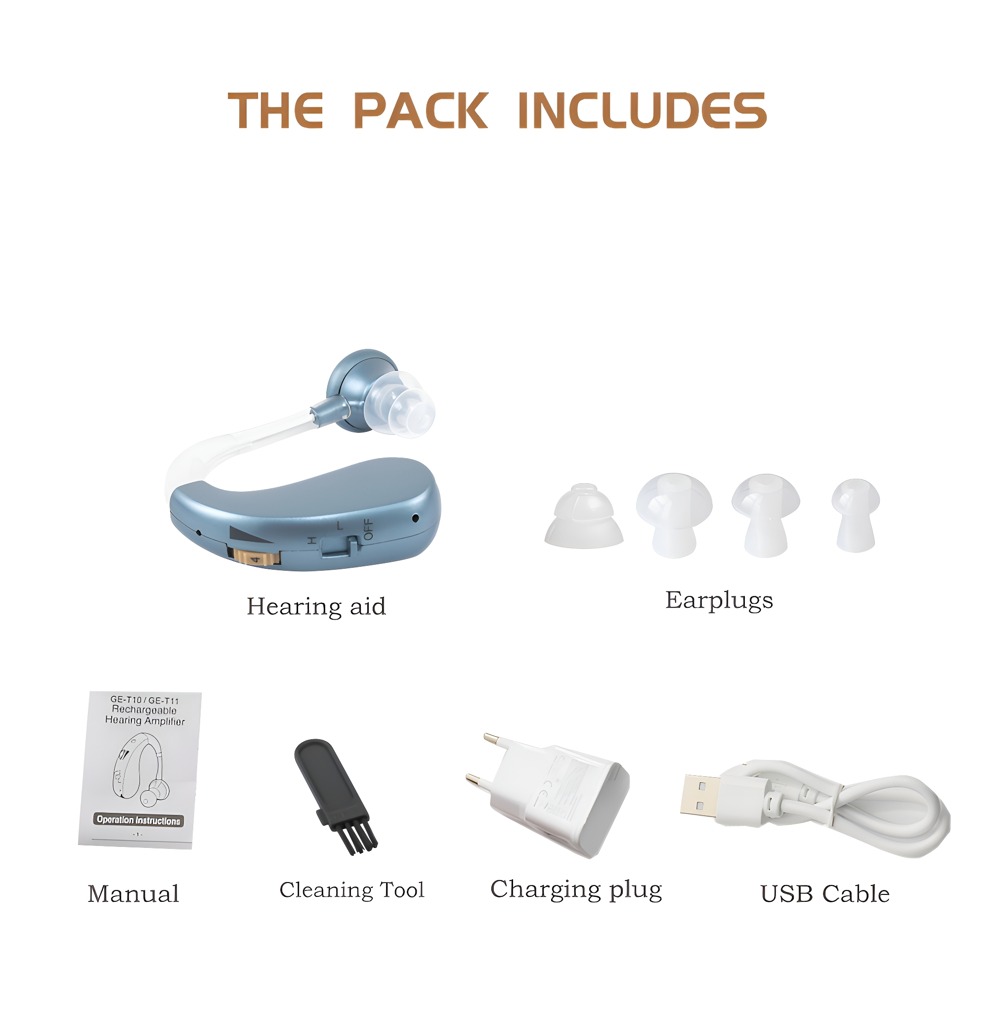 Ein Hörgerät und Zubehör. Enthält Ohrstöpsel, ein Reinigungswerkzeug, einen Ladestecker und ein USB-Kabel.