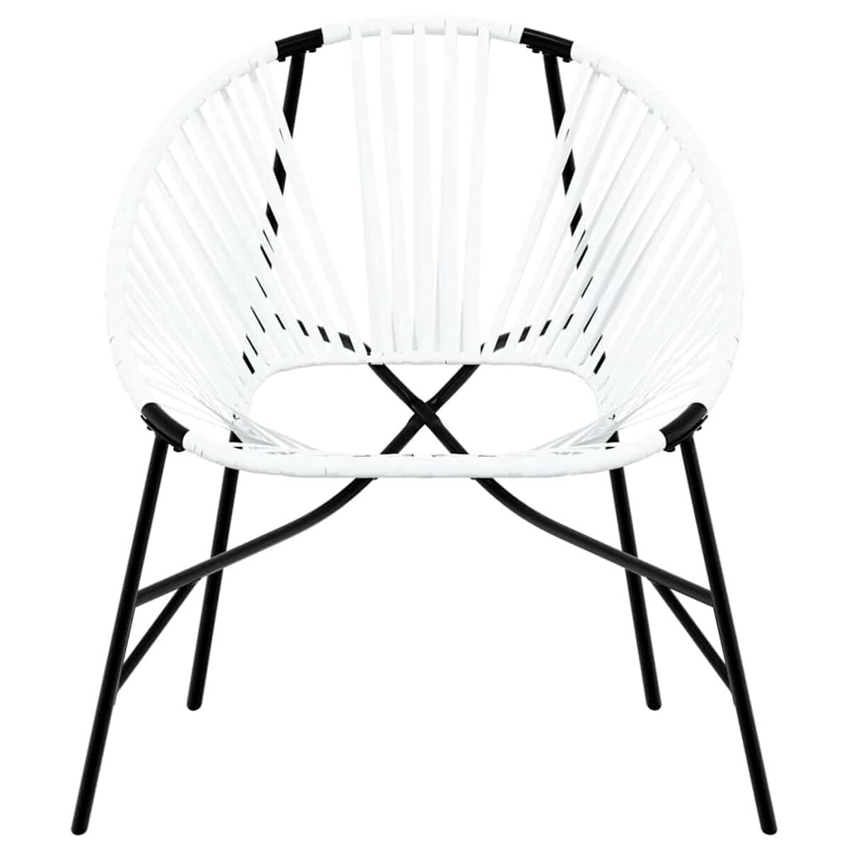 Una sedia bianca con seduta circolare intrecciata e gambe nere, su sfondo bianco.