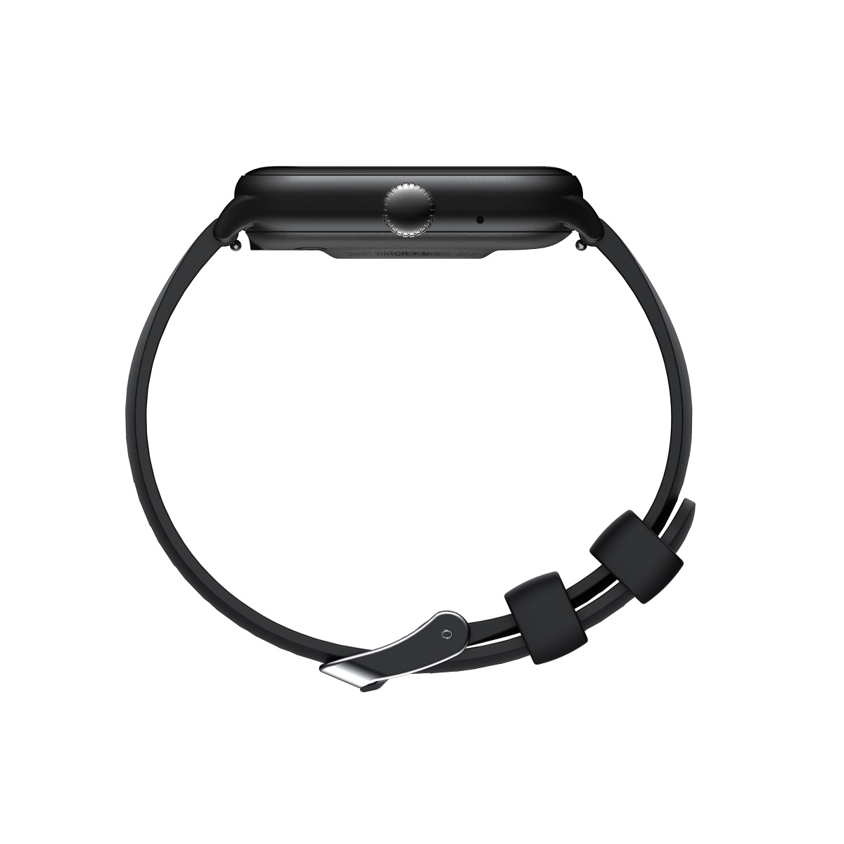 Czarny smartwatch z czarnym paskiem. Okrągła tarcza z przyciskiem z boku.