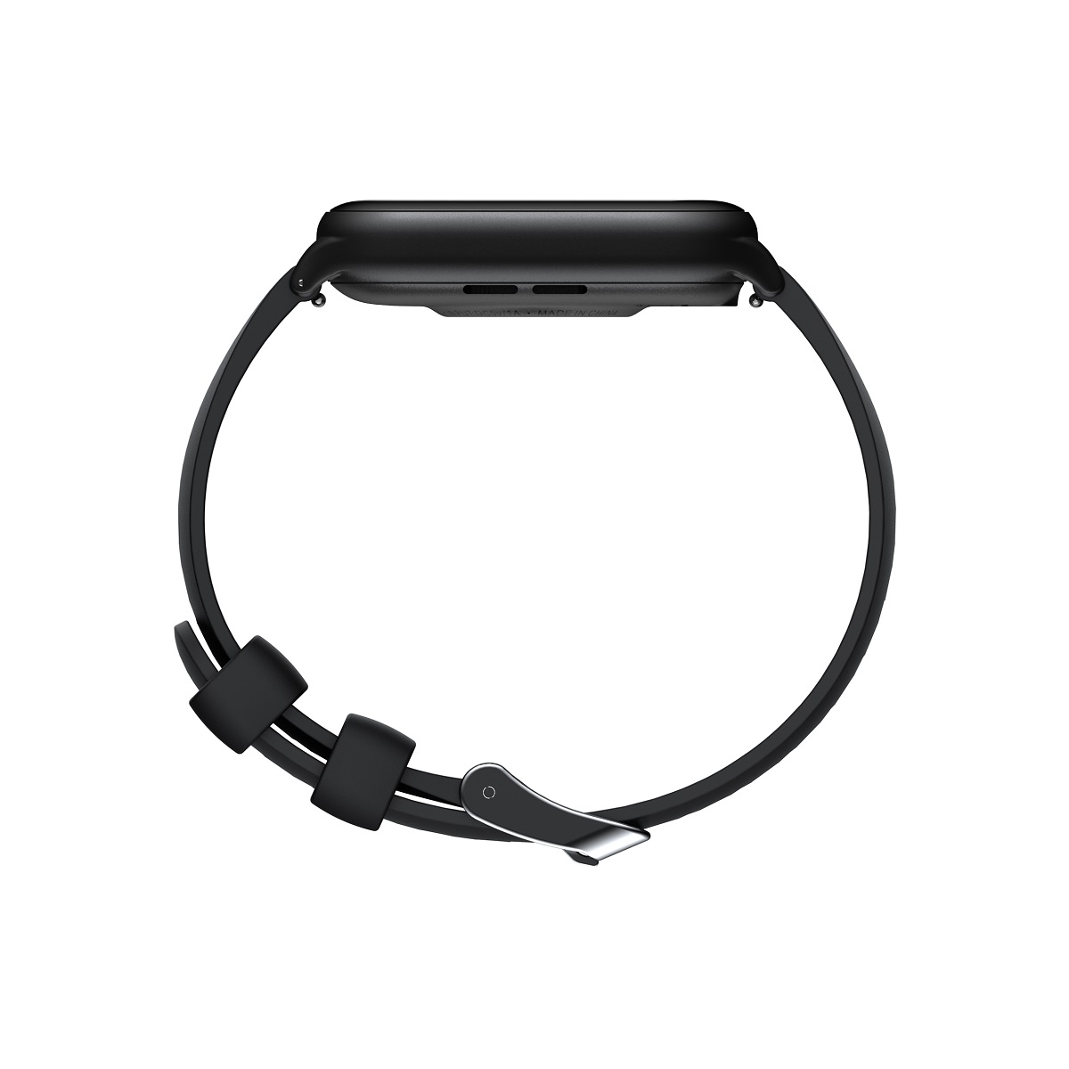 Czarny smartwatch, widok z tyłu. Czarny pasek z zapięciem. Białe tło.