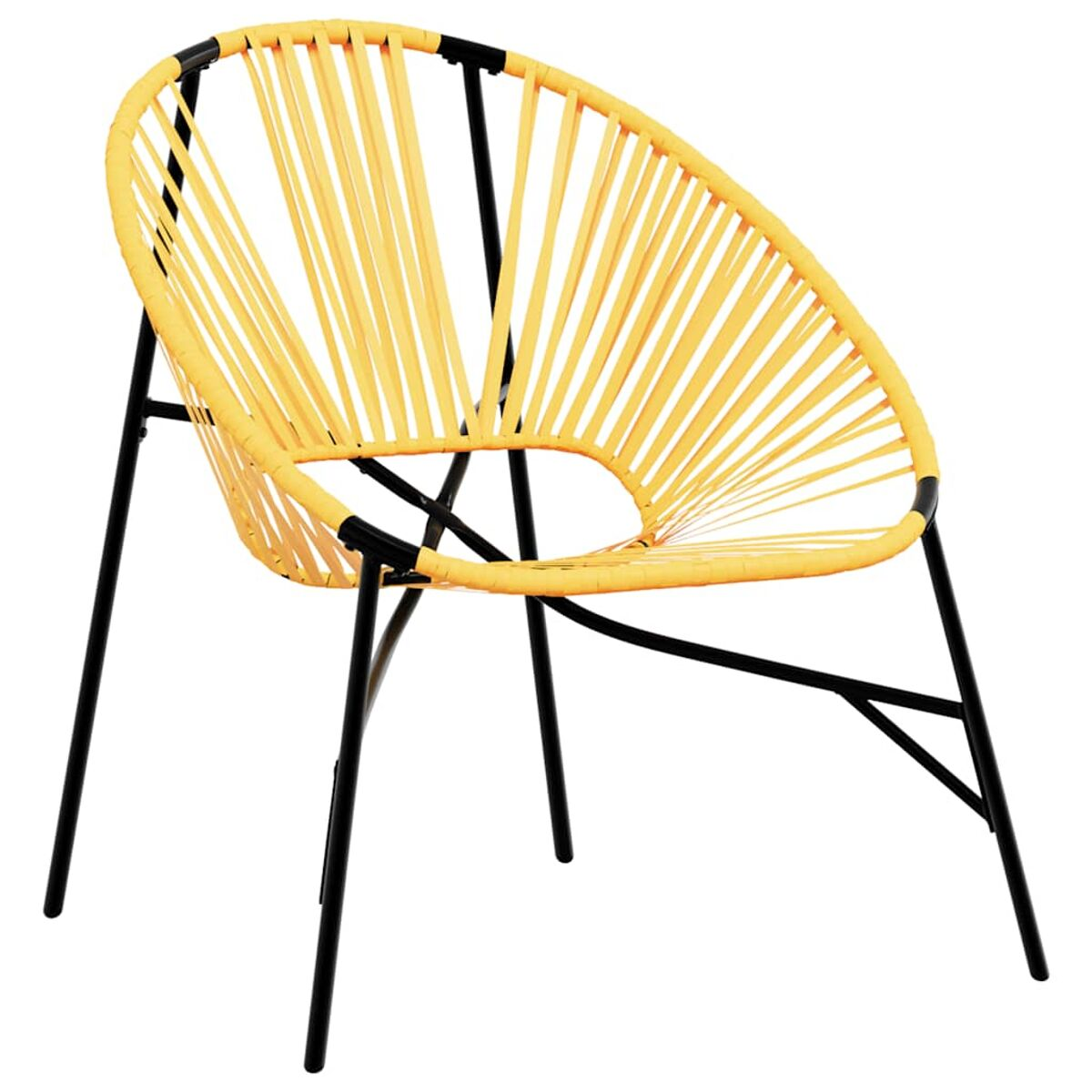Sedia gialla con telaio nero. Realizzata in tessuto, con schienale rotondo.