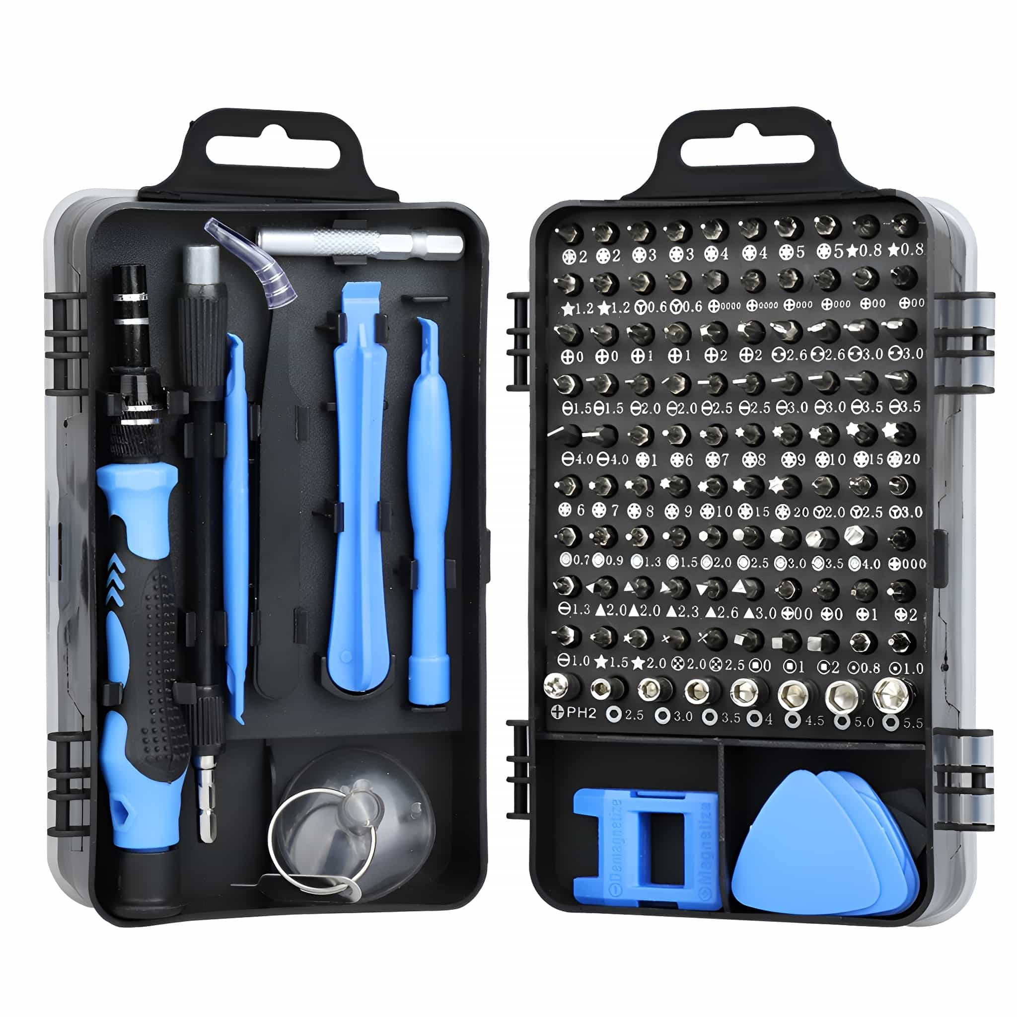 Offener schwarzer Werkzeugkasten mit vielen Bits und Werkzeugen. Blaue und schwarze Werkzeuge.