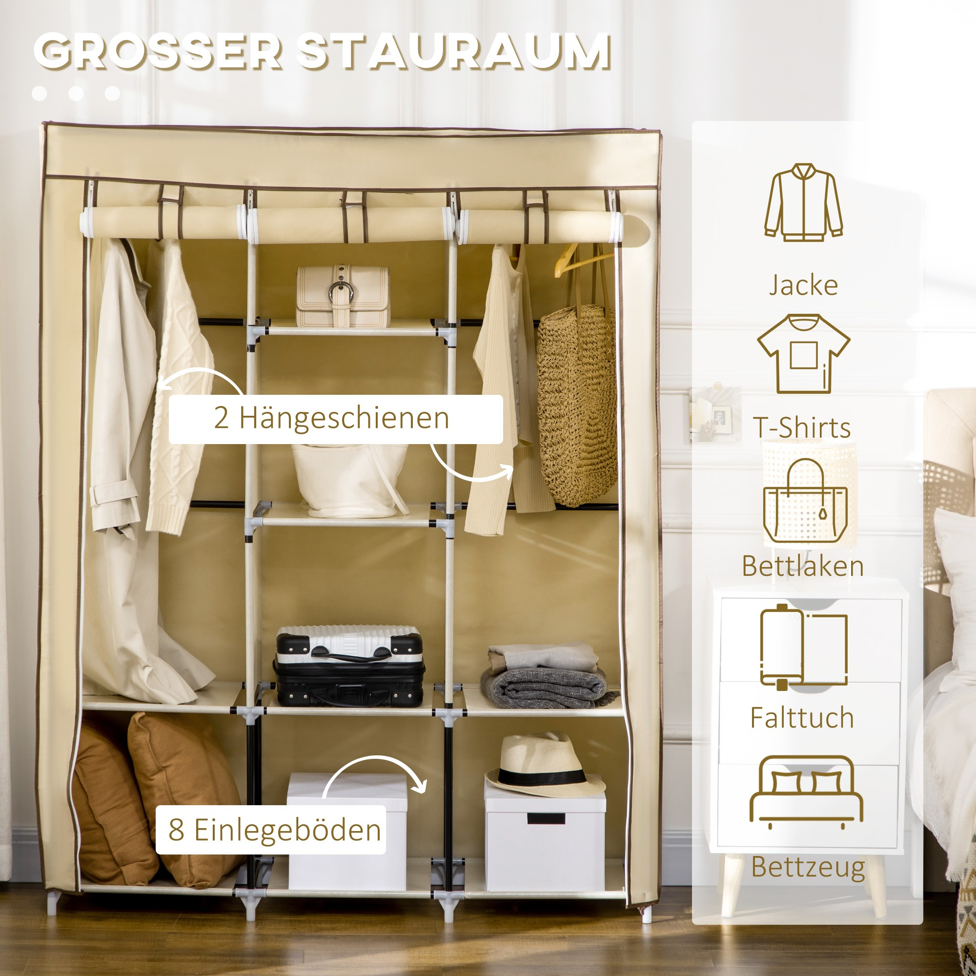 Beigefarbener Kleiderschrank mit Kleidung, Taschen und Kisten im Inneren. Etiketten zeigen Regale an.
