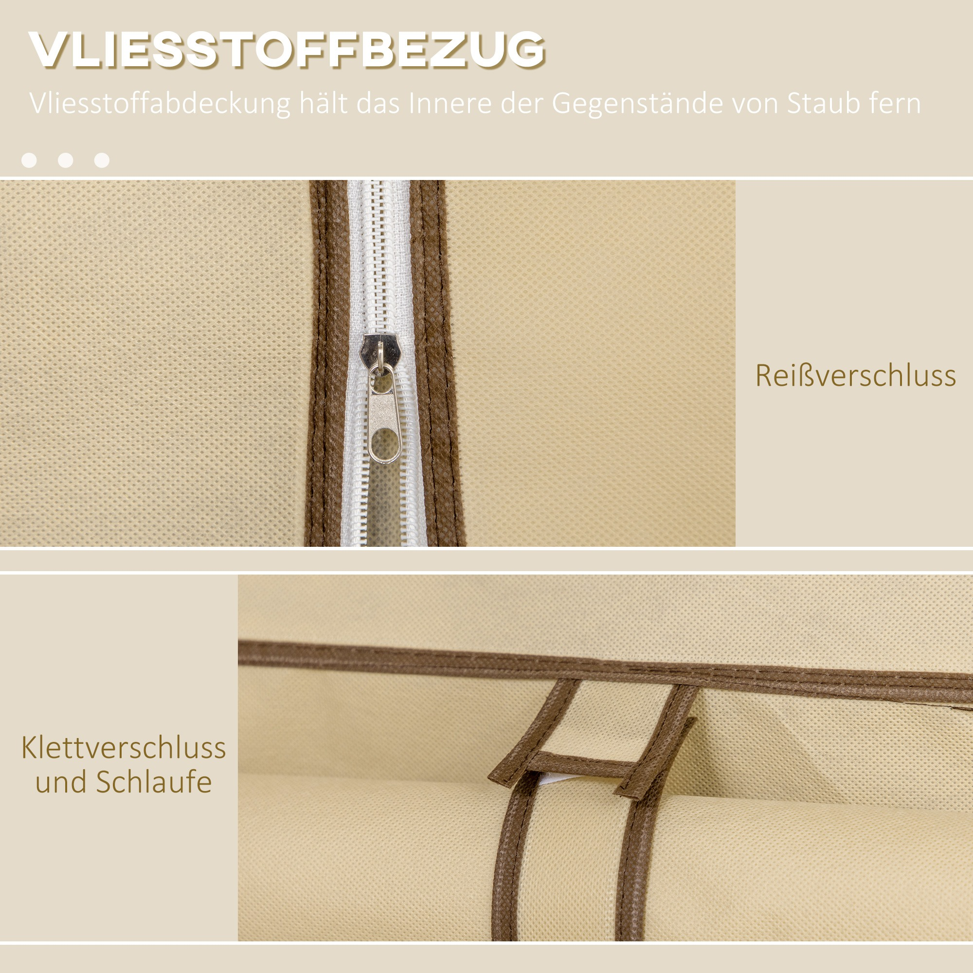 Nahaufnahme von beigem Stoff mit Reißverschluss und Klettverschluss. Oben: Reißverschluss. Unten: Klettverschluss.