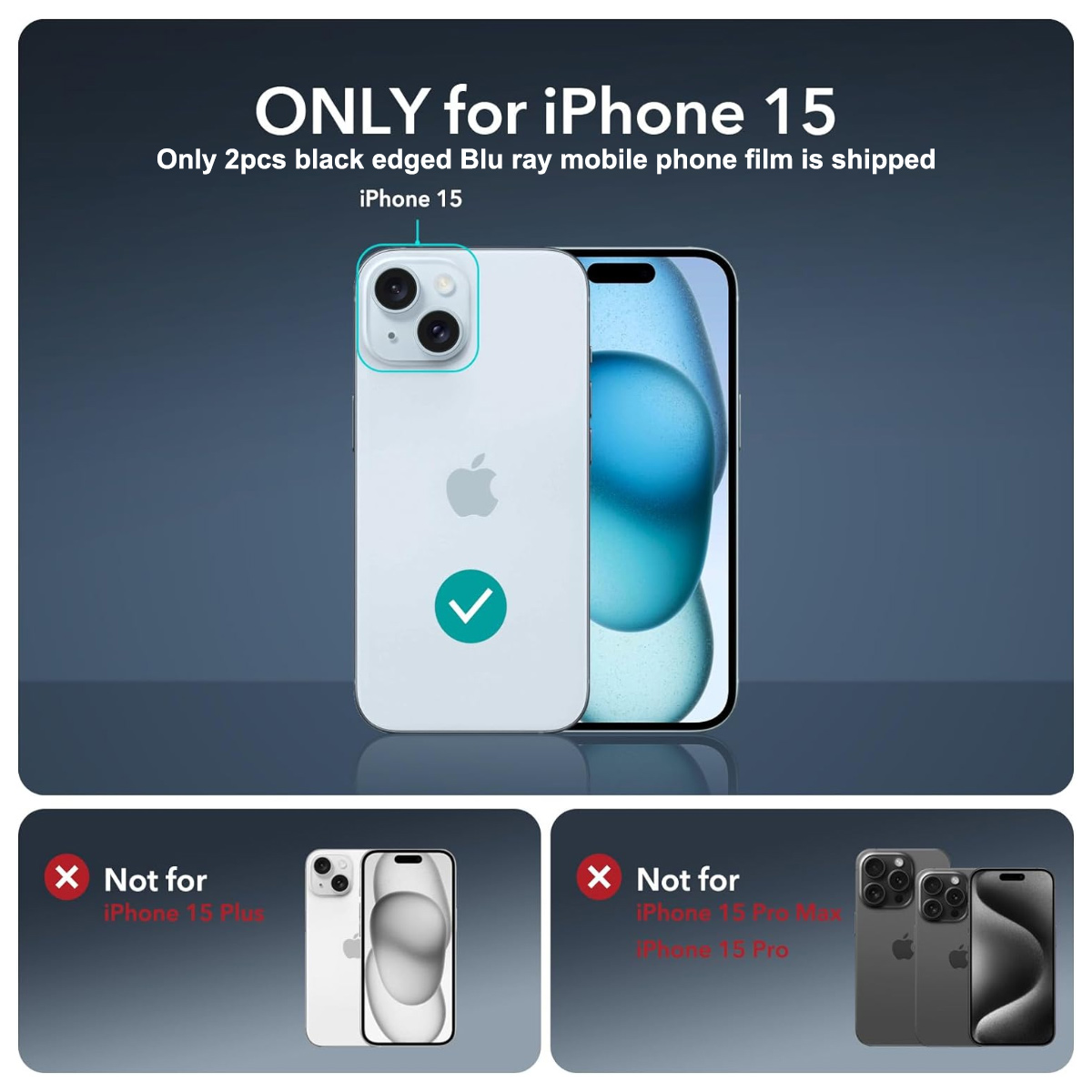 iPhone 15 mit Folie. Text zeigt Kompatibilität für iPhone 15, exklusive anderer Modelle.