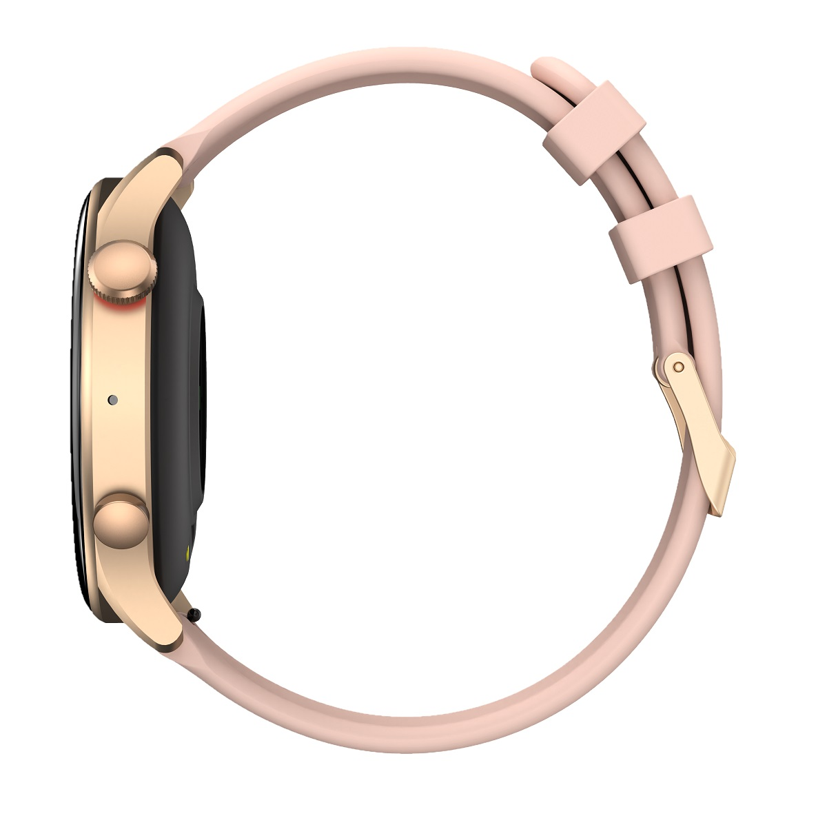 Złoty smartwatch, różowy pasek. Widok z boku. Widoczna klamra.