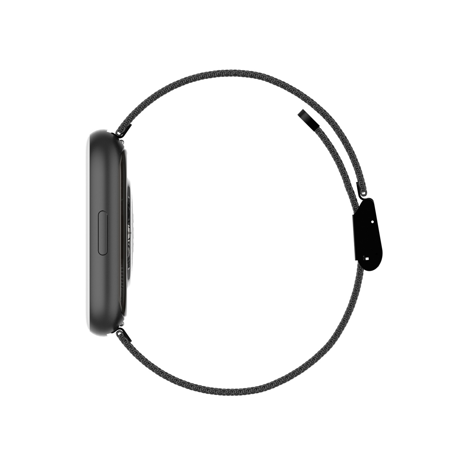 Czarny smartwatch z boku z czarnym paskiem i zapięciem. Jest na białym tle.