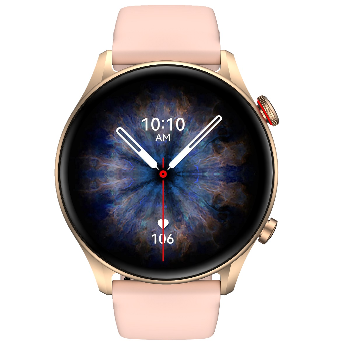 Złoty smartwatch z jasnoróżowym paskiem, wyświetlający godzinę, tętno i niebieski wzór.