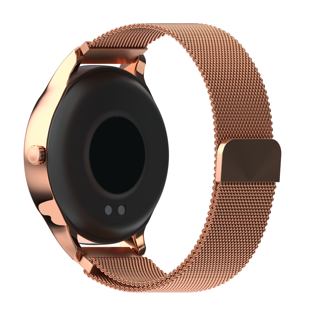 Zegarek smart w kolorze różowego złota z siatkowym paskiem i czarną tarczą, pokazujący tył.