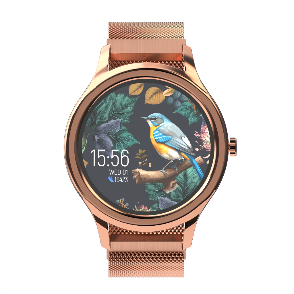 Smartwatch w kolorze różowego złota, wyświetlający ptaka na gałęzi z kwiatowym tłem. Pokazano godzinę.