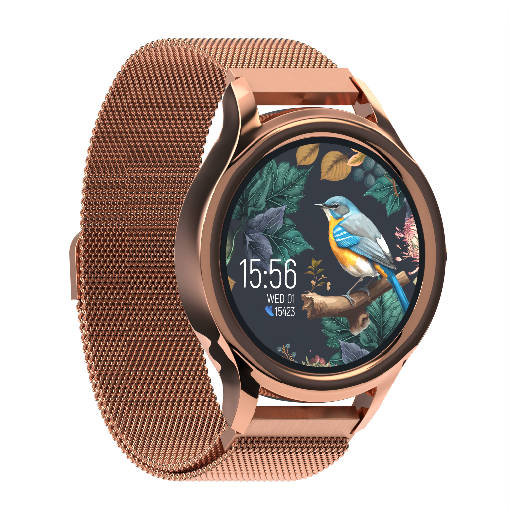 Smartwatch w kolorze różowego złota z ekranem pokazującym ptaka na gałęzi.