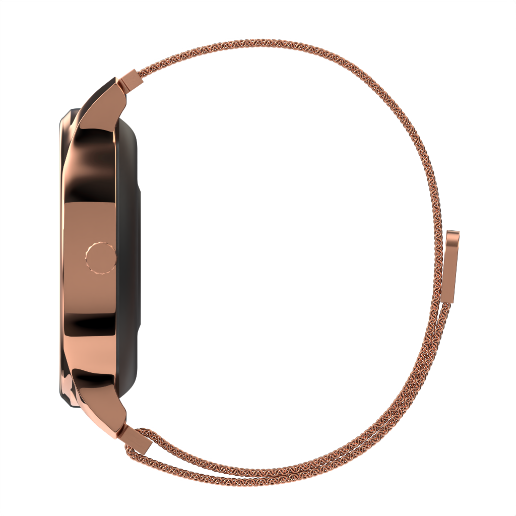 Smartwatch w kolorze różowego złota z siateczkowym paskiem. Widok z profilu, czarny ekran.