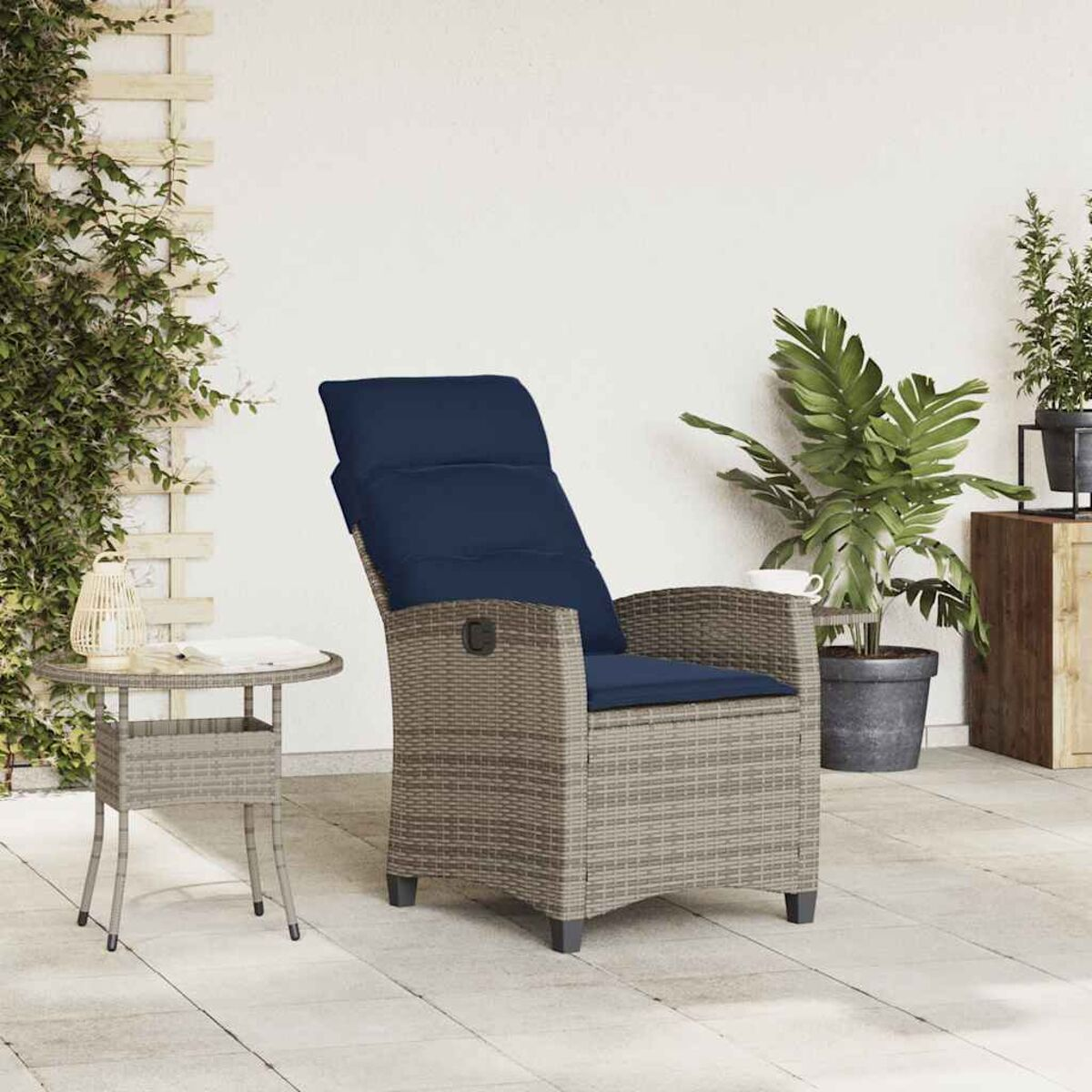 Poltrona da esterno, stile vimini. Cuscino blu. Patio con piante e tavolo.