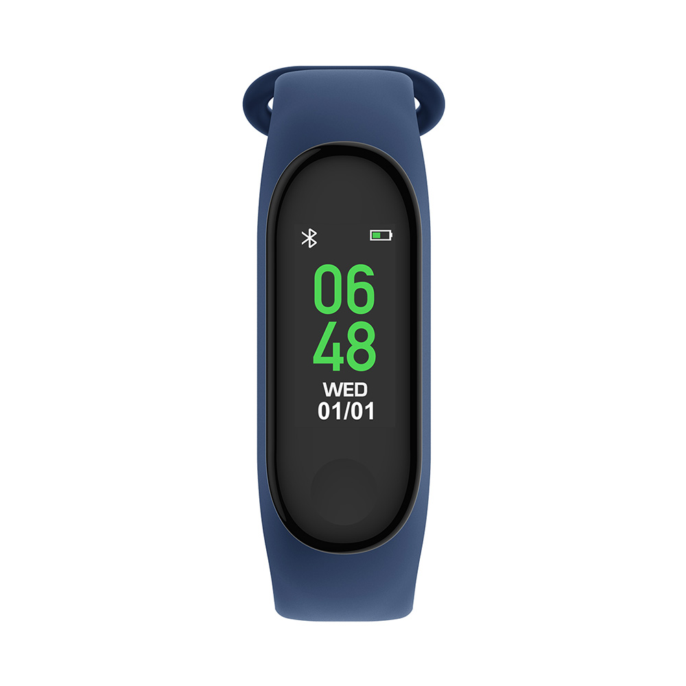 Niebieski smartwatch z czarnym ekranem wyświetlającym godzinę i baterię.