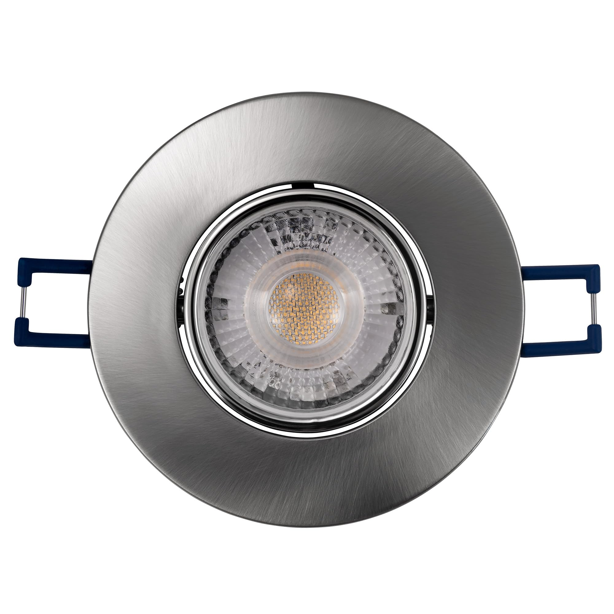 Silberne Einbau-Deckenleuchte mit zentraler Lichtquelle und blauen Montagearmen.