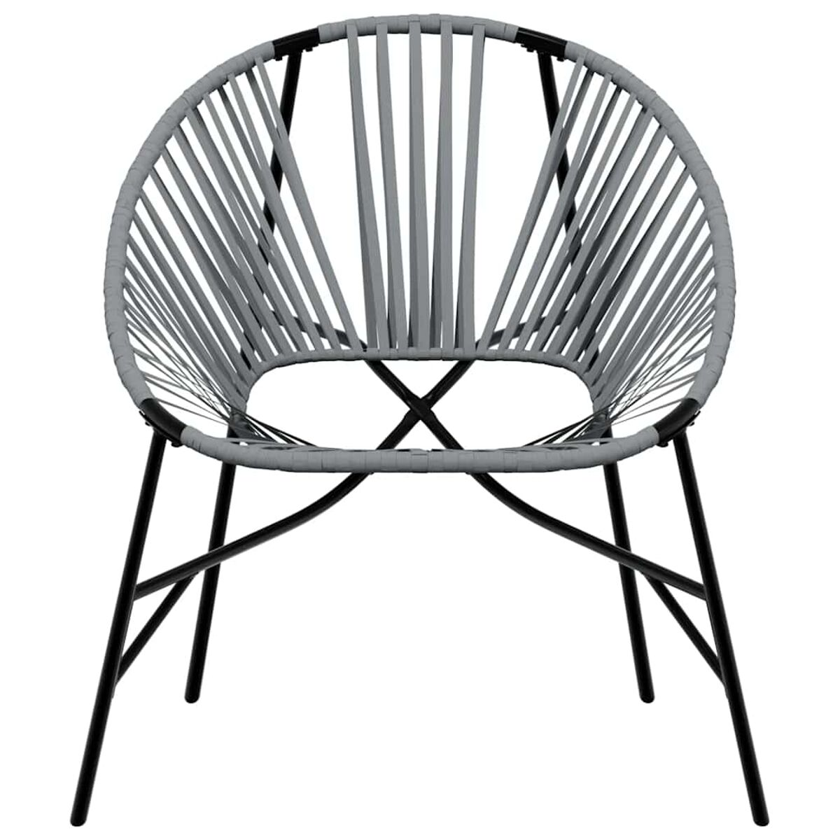 Sedia grigia con seduta arrotondata. Ha gambe nere e un design intrecciato unico.