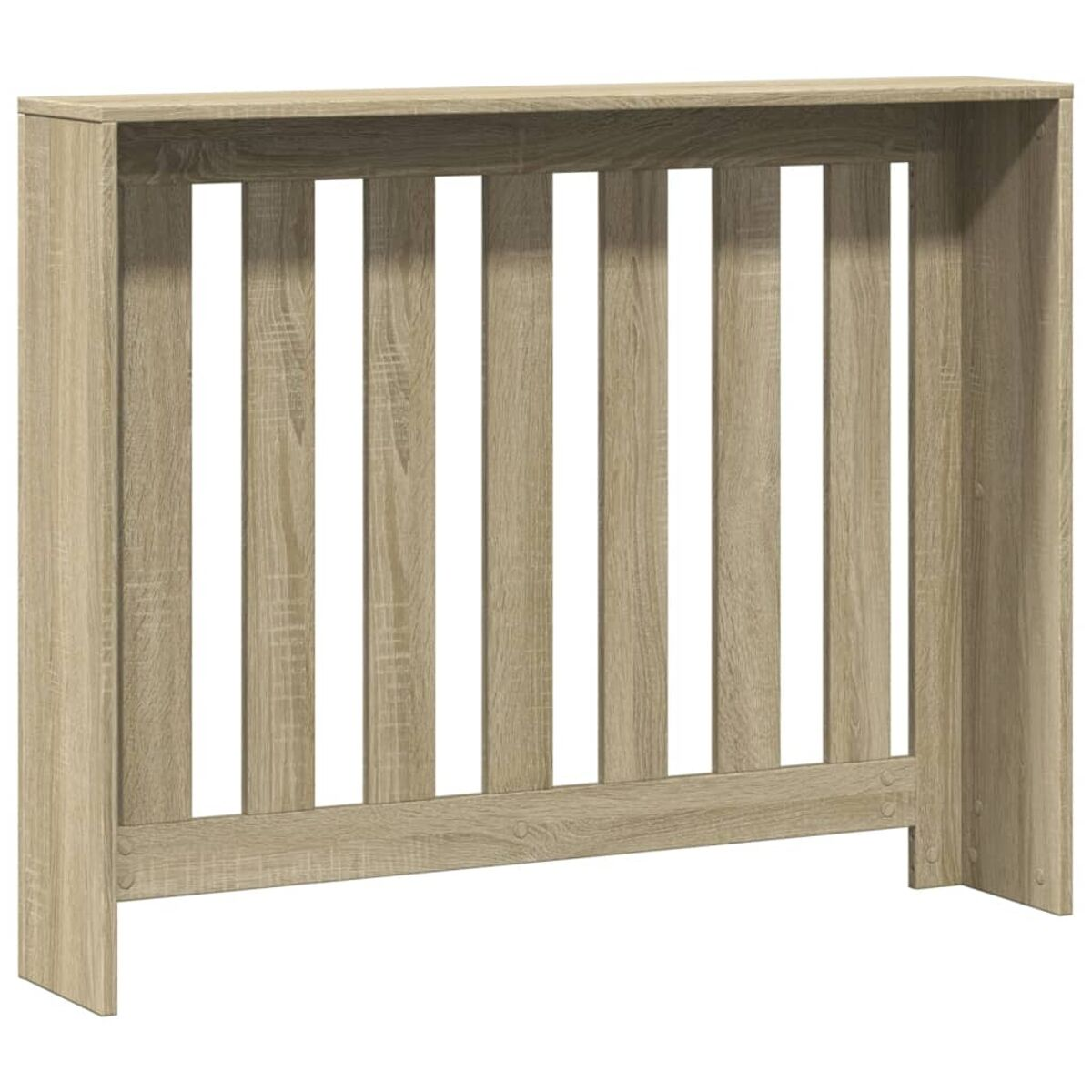 Holz-Heizkörperverkleidung. Beige Farbe, vertikale Lamellen, rechteckige Form.