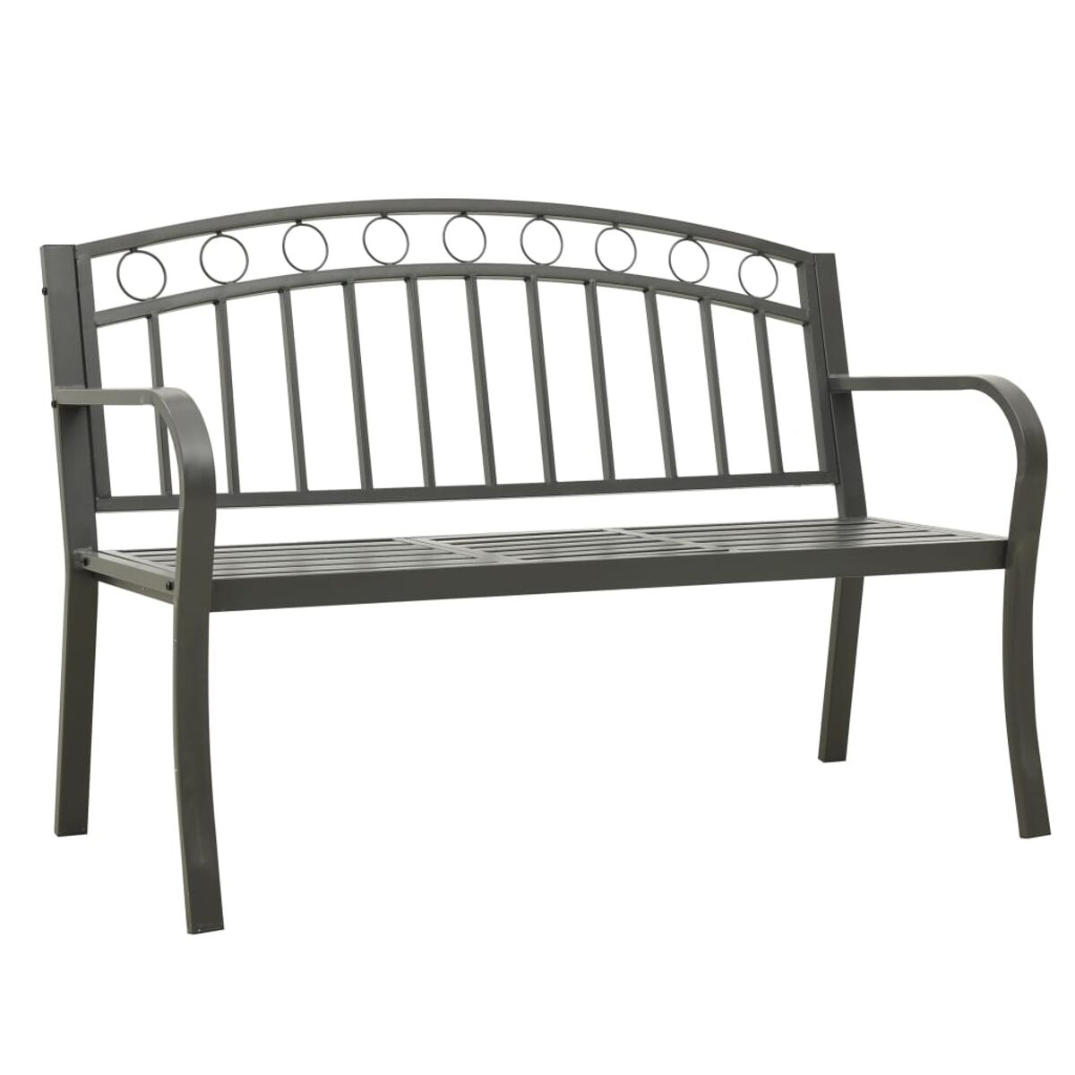 Una panca in metallo grigio con schienale curvo e motivo decorativo su sfondo bianco.