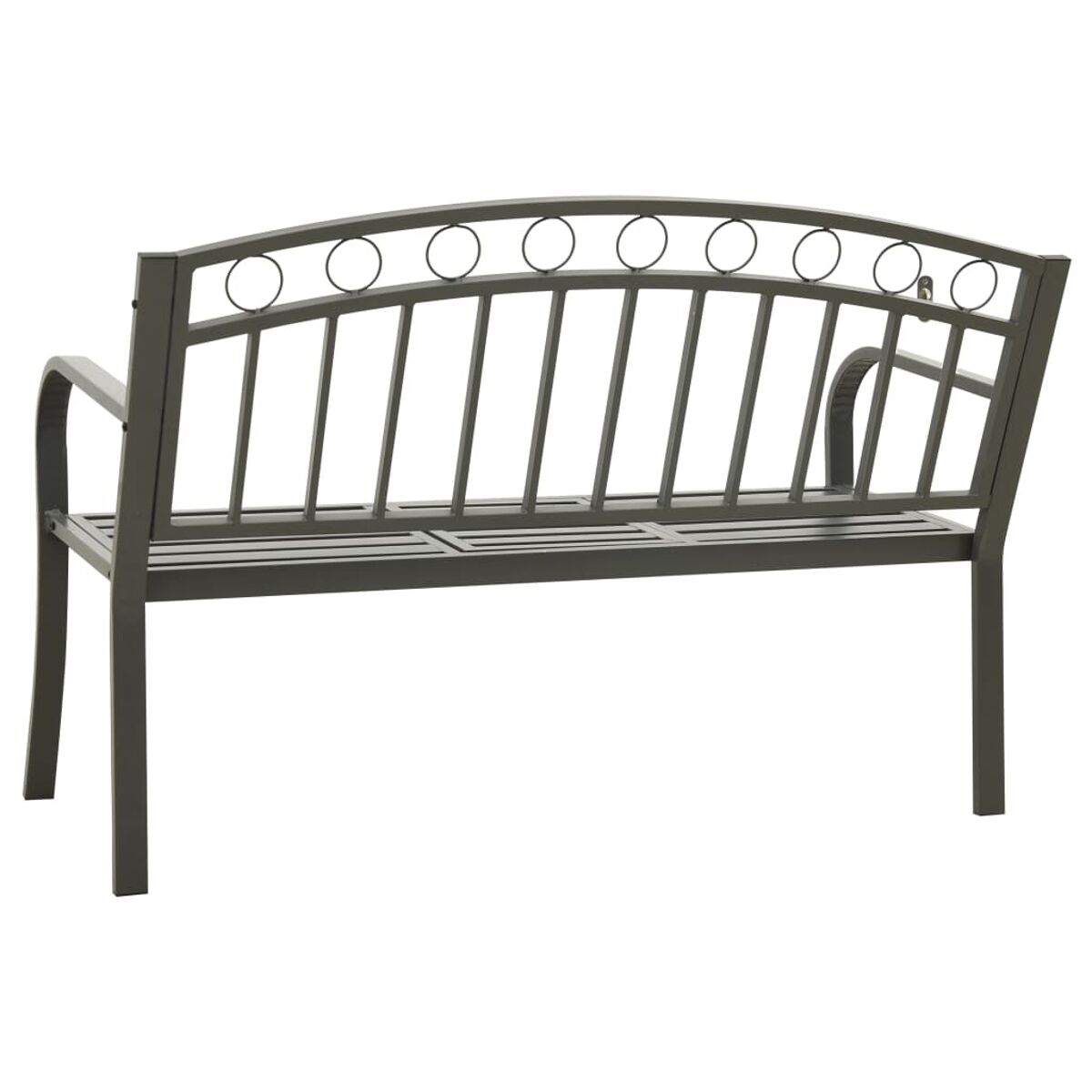Panca in metallo grigio scuro con schienale ad arco, barre verticali e decorazioni circolari.