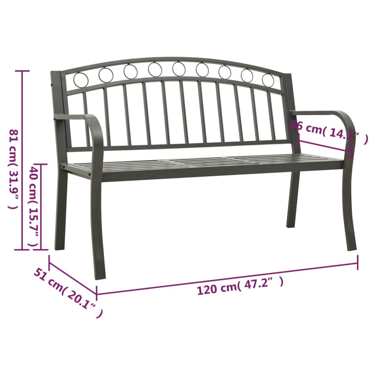 Una panchina da esterno in metallo scuro con dimensioni visualizzate. La panchina ha uno schienale decorativo e braccioli curvi.